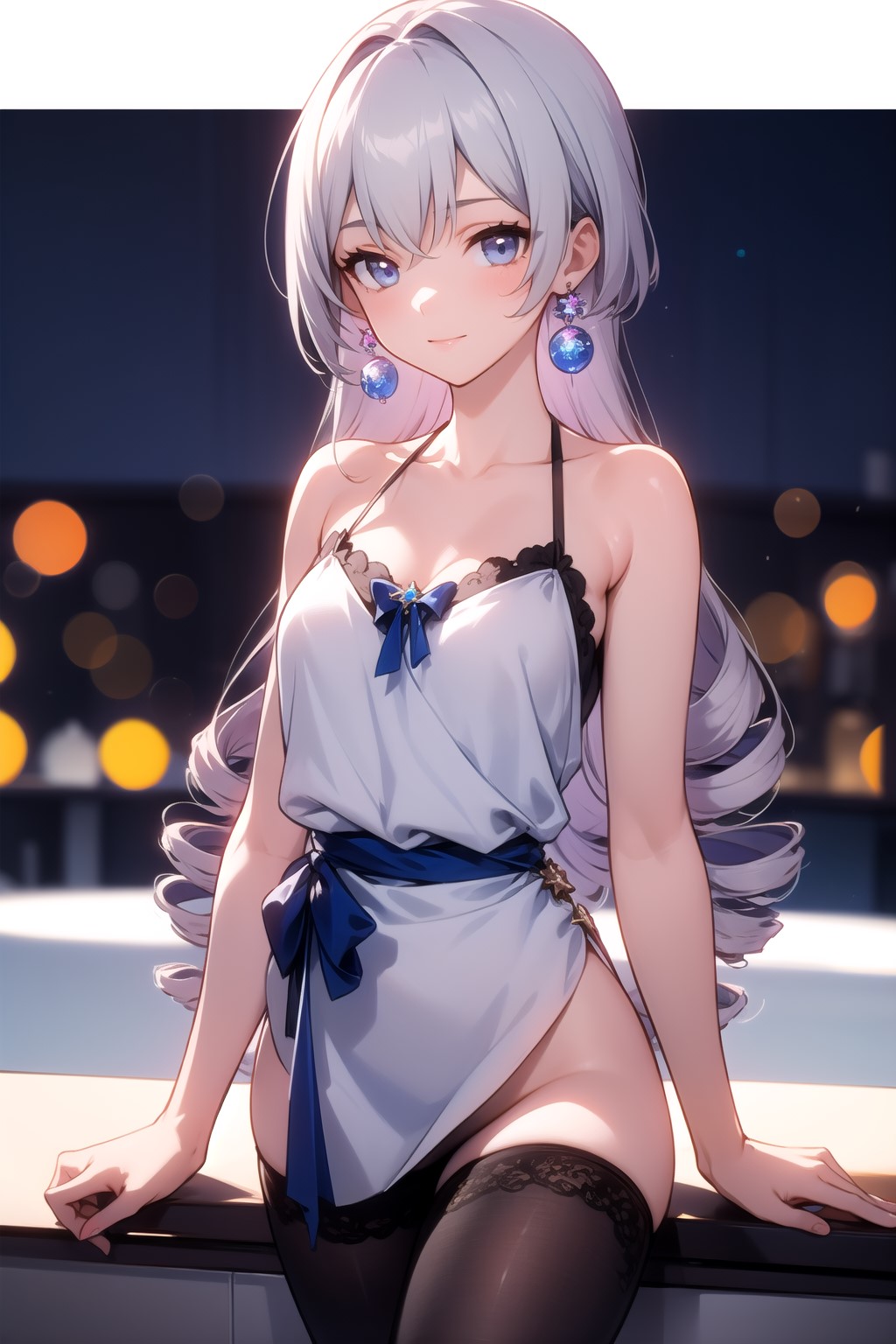 1girls, ai generated, bare arms, bare shoulders, black legwear, black thighhighs, blue eyes, blue ribbon, blush, breasts, bronya rand, city lights, drill hair, earrings, female, grey hair, honkai: star rail, light skin, light-skinned female, lingerie, long hair, looking at viewer, medium breasts, no panties, shiny skin, silver hair, smile, solo, thighhighs, thighs