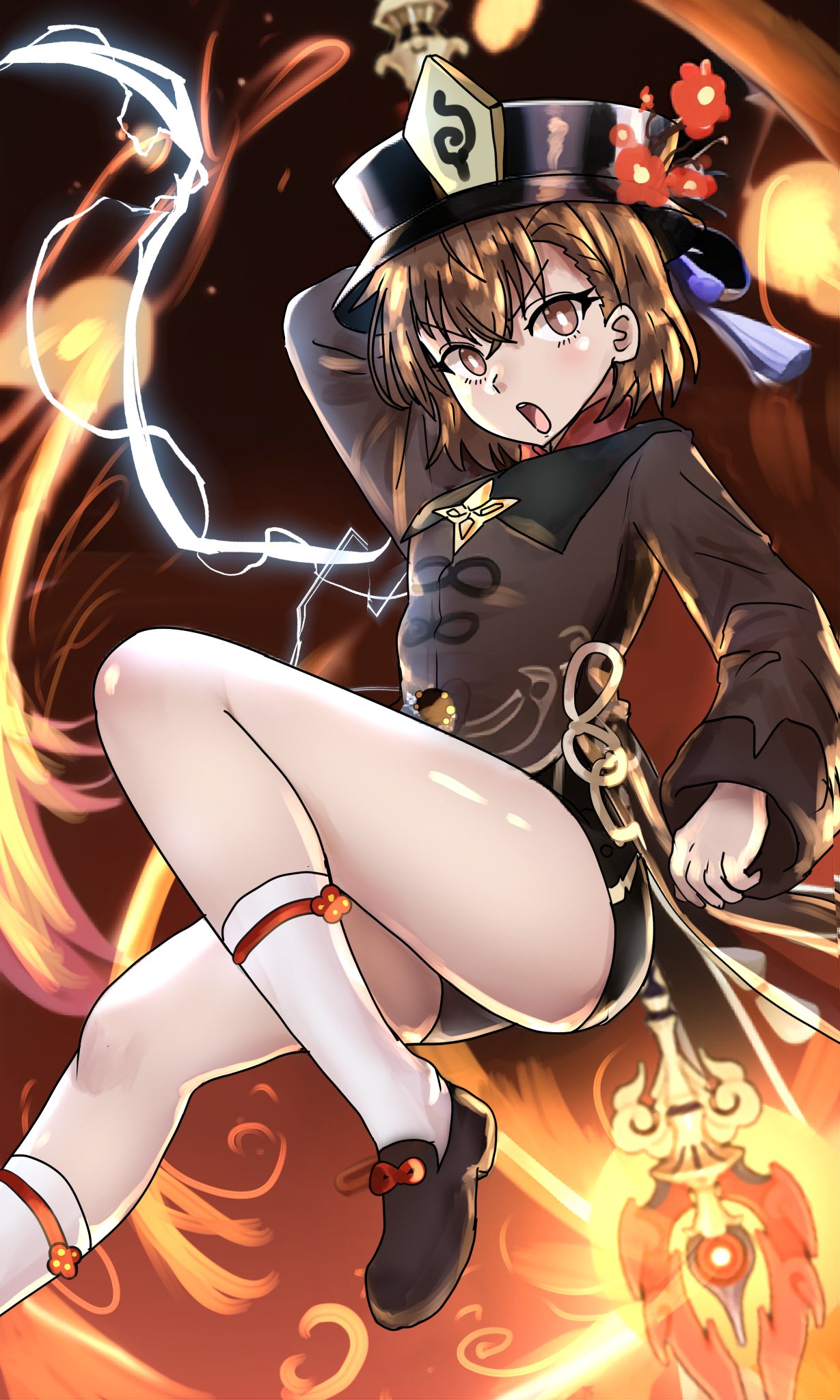 1girls 2020s 2022 alternate_costume anklehighs arm_up bare_thighs breasts bright_pupils brown_coat brown_eyes brown_footwear brown_hair clothed clothed_female coat cosplay crew_socks ebora electricity electrokinesis genshin_impact hat hi_res hu_tao_(genshin_impact) hu_tao_(genshin_impact)_(cosplay) long_sleeves looking_at_viewer misaka_mikoto open_mouth porkpie_hat red_shirt shirt shoes short_shorts shorts small_breasts socks solo teenage_girl teenager thick_thighs thighs to_aru_kagaku_no_railgun to_aru_majutsu_no_index white_pupils white_socks young youngmanisdown