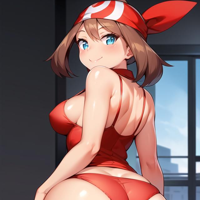 ai_generated ass big_breasts blue_eyes blush brown_hair game_freak looking_back_at_viewer may_(pokemon) panties pokemon pokemon_rse qmai sideboob smile smiling_at_viewer