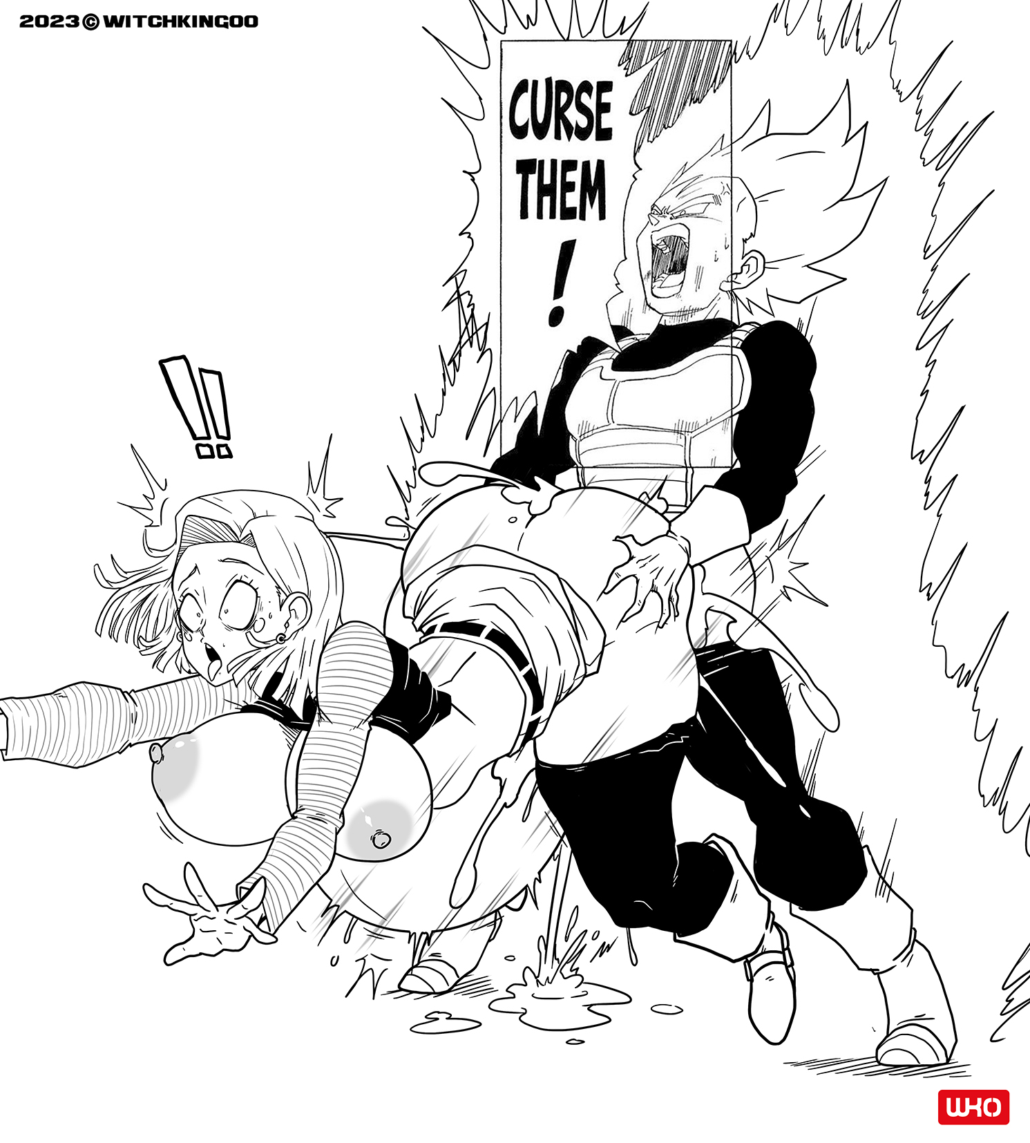 1boy, 1girls, akira toriyama, ambiguous gender, ambiguous penetrated, android, android 18, big belly, big breasts, breasts, clothed, clothed sex, cum, cum inside, cumflation, cyborg, dragon ball, dragon ball out of pannel, dragon ball z, dubious consent, edit, female, functionally nude, functionally nude female, inflation, male, male/female, monochrome, official art, saiyan, sex, shounen jump, stomach, straight, vegeta, witchking00