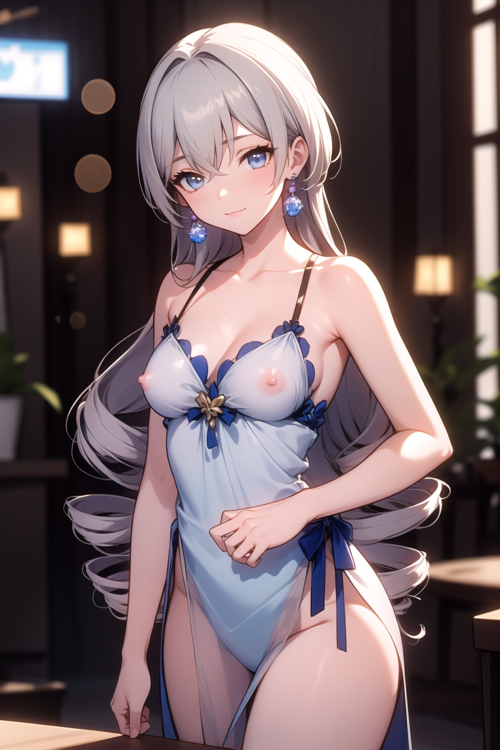 1girls, ai generated, bare thighs, blue eyes, blush, breasts, bronya rand, drill hair, earrings, female, grey hair, honkai: star rail, light skin, light-skinned female, lingerie, long hair, looking at viewer, medium breasts, nipples, nipples visible through clothing, see-through, shiny skin, silver hair, smile, solo, thighs, veil