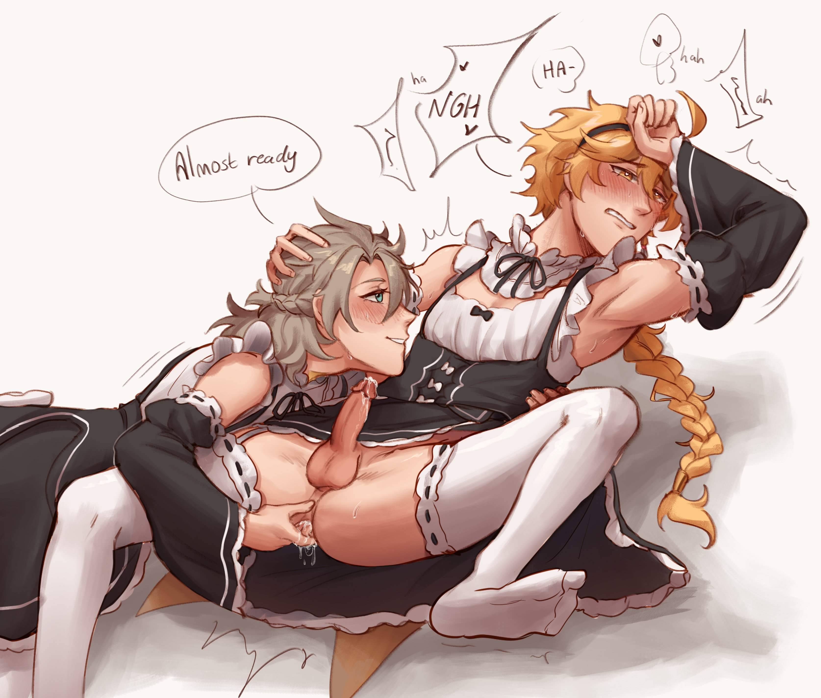 2boys, aether (genshin impact), albedo (genshin impact), blonde hair, blush, english text, fingering, fingering partner, genshin impact, maid, maid uniform, male, male focus, male only, moaning, moaning in pleasure, white hair, yaoi