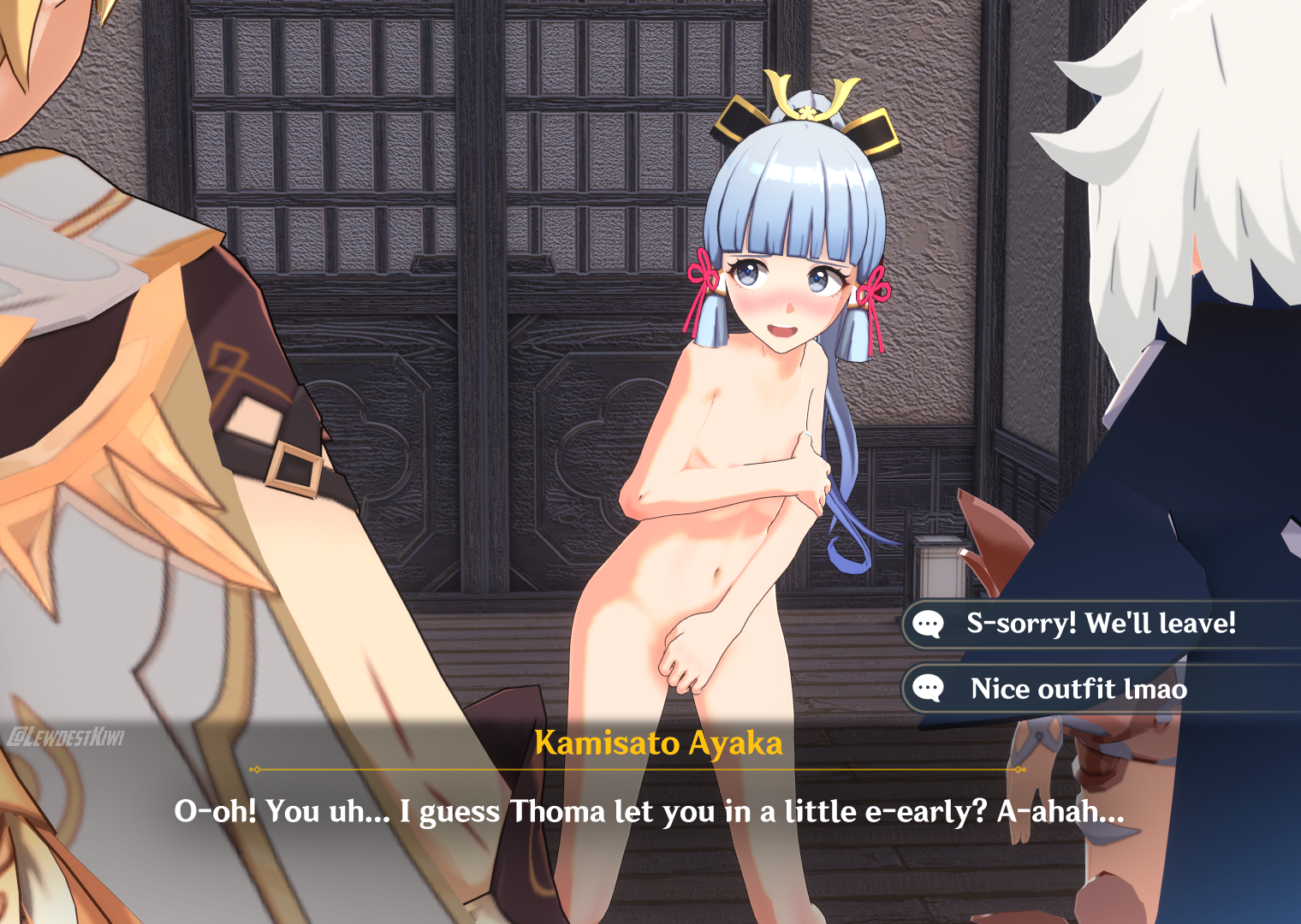 3d, aether (genshin impact), blush, caught, clothed male nude female, cmnf, embarrassed, embarrassed nude female, enf, female, genshin impact, humiliation, kamisato ayaka, lewdestkiwi, male, nude, nude female, paimon (genshin impact)