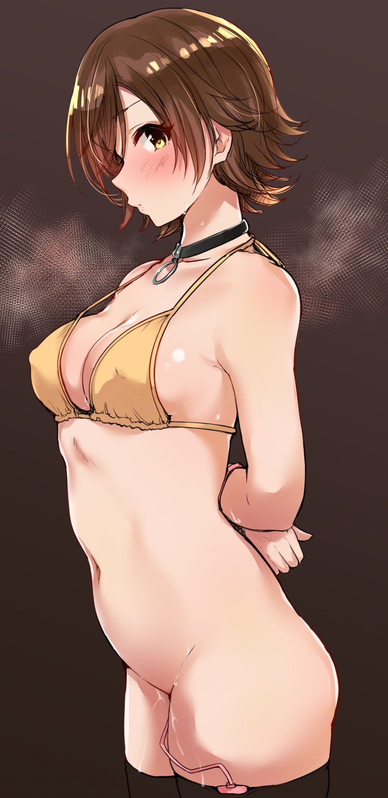 arms_behind_back bikini bikini_top black_collar blush breasts brown_hair cleavage collar egg_vibrator highres honda_mio idolmaster idolmaster_cinderella_girls murabito_c nipple_bulge pussy_juice pussy_juice_drip sex_toy short_hair string_bikini swimsuit thighhighs vibrator vibrator_in_pussy vibrator_in_thighhighs yellow_bikini yellow_eyes