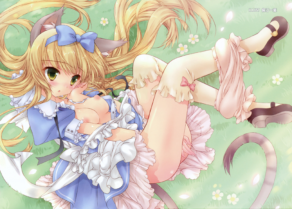 alice_in_wonderland alice_liddell animal_ears blonde_hair bloomers bloomers_(victorian) bloomers_pull blush bow cat_ears dress female female_only green_eyes hotei_kazuha long_hair lying mary_janes nipples open_dress shoes skirt solo tail thighhighs