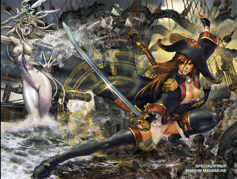 hat hellcat monster_girl ocean octopus pirate sea shirou_masamune shirow_masamune spell sword tentacle weapon