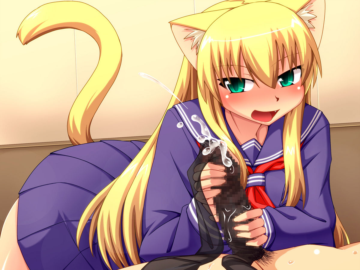 1boy, 1girls, animal ear, blonde hair, blush, censored, character request, cum, cum through clothes, cute fang, ejaculation, female, green eyes, handjob, male, nokoppa, pantyhose, penis, smile, sock on penis, sockjob, source request, tail