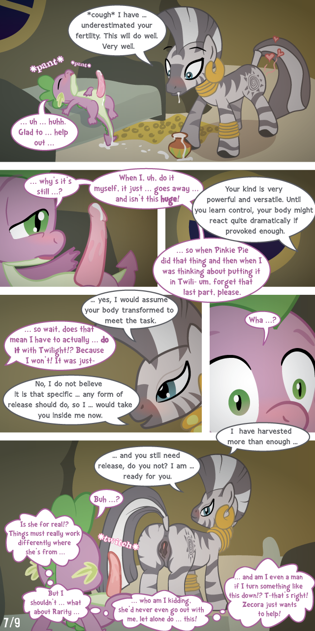 blush comic dragon english_text equine female friendship_is_magic interspecies male my_little_pony page_7 piercing pot pussy spike_(mlp) straight_hair syoee_b twitch zebra zecora_(mlp)