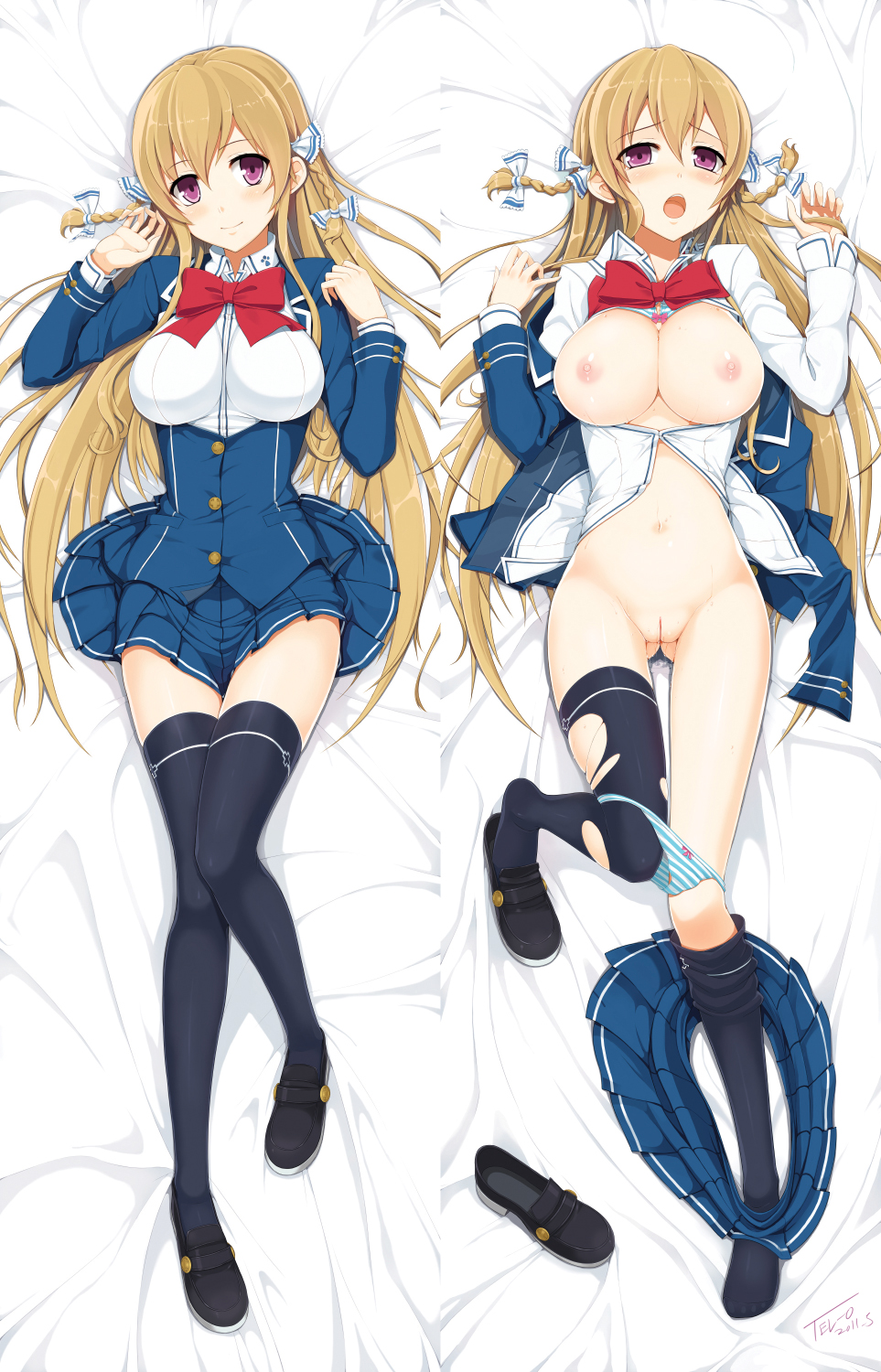 1girls blazer blonde_hair blush bow bow_panties bowtie braid breasts breasts_out dakimakura female framed_breasts highres large_breasts loafers long_hair lying navel nipples on_back open_clothes open_mouth open_shirt original panties panty_pull pleated_skirt purple_eyes pussy pussy_juice school_uniform shirt shoe_dangle shoes single_shoe skirt skirt_around_one_leg smile solo striped striped_panties tel-o thighhighs torn_thighhighs twin_braids underwear zettai_ryouiki