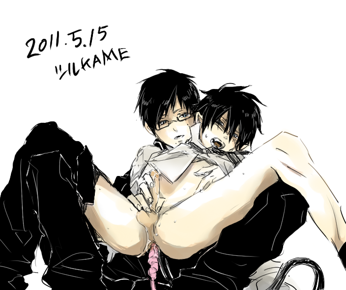 anal anal_insertion ao_no_exorcist black_hair black_jacket brother brothers cum dildo glasses handjob incest male male_only okumura_rin okumura_yukio on_lap penis pointy_ears school schoolboy shirt_lift siblings spread_legs tail turukameha uncensored undressing yaoi