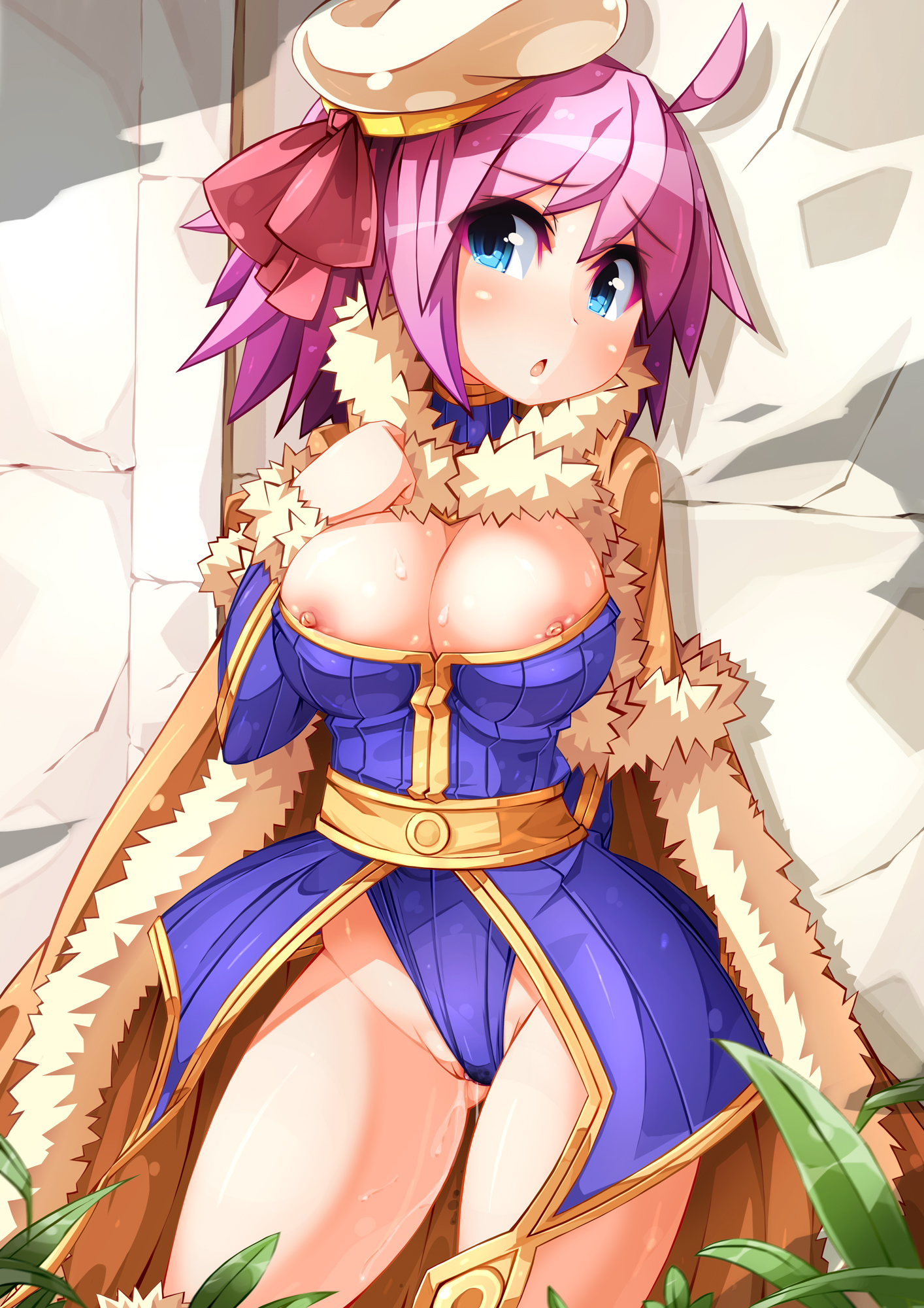 1girls areolae blue_eyes breasts cape cleavage clitoris_slip erect_nipples female fur_trim hat highres kinakomochi large_breasts leotard leotard_aside nipple_slip nipples pink_hair pussy_juice pussy_peek ragnarok_online solo thighs wardrobe_malfunction wizard_(ragnarok_online)