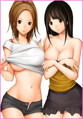 2girls areolae azuki_miho bakuman bare_shoulders black_hair blonde_hair blush bra breast_hold breasts brown_eyes brown_hair cleavage covering covering_breasts female female_only fukurokouji hand_on_shoulder large_breasts lingerie long_hair lowres midriff miyoshi_kaya multiple_girls navel open_fly open_mouth pointy_chin shirt_lift short_shorts shorts skirt unbuttoned underboob underwear undressing unzipped