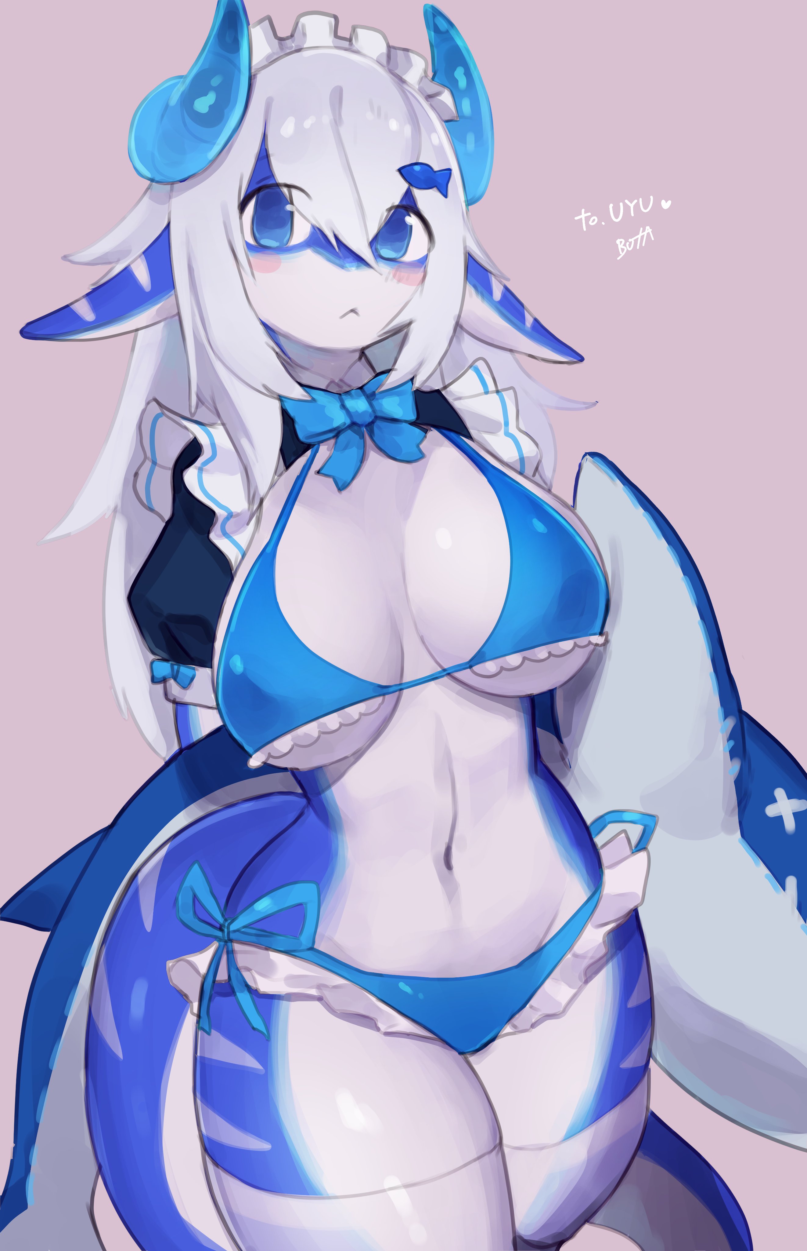 1girls, absurd res, anthro, arms behind back, bikini, blue body, blue eyes, blush, breasts, buta99, cleavage, countershading, dragon, dragon horns, female, female only, horns, hybrid, long hair, looking at viewer, maid headdress, maid outfit, mammal, marine, navel, neck ribbon, original, original character, pointy ears, shark, simple background, soda (soda uyu), solo, tail, thick thighs, thighhighs, thighs, unamused, white hair, white thighhighs