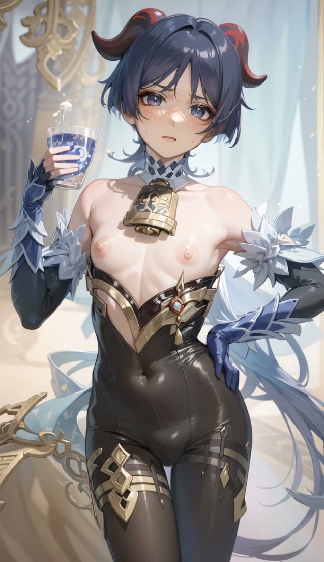 1boy, ai generated, alternate costume, breasts, cosplay, crossdressing, exposed, exposed breasts, femboy, feminine male, feminization, flat chest, ganyu (genshin impact) (cosplay), genshin impact, looking at viewer, male, male only, posing, scaramouche (genshin impact), small breasts, thigh gap, trap