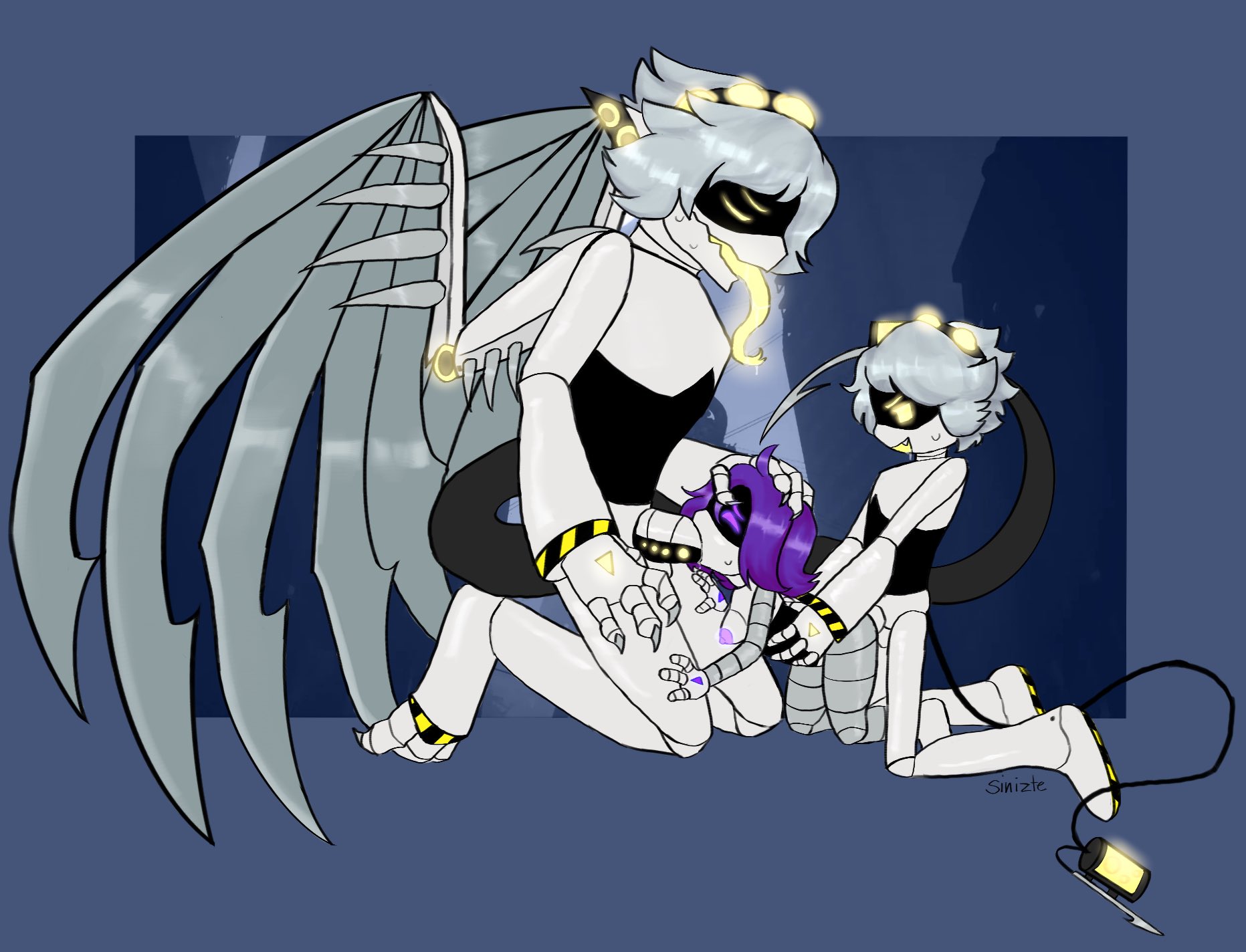 1girls, 2boys, beanie hat, blowjob, deepthroat, female, glitch productions, male, murder drones, n (murder drones), purple eyes, purple hair, pussy, rawtze, robot, robot girl, robot humanoid, sintze, size difference, tail, uzi (murder drones), vaginal insertion, vaginal penetration, vaginal sex, white body, white hair, wings, yellow eyes