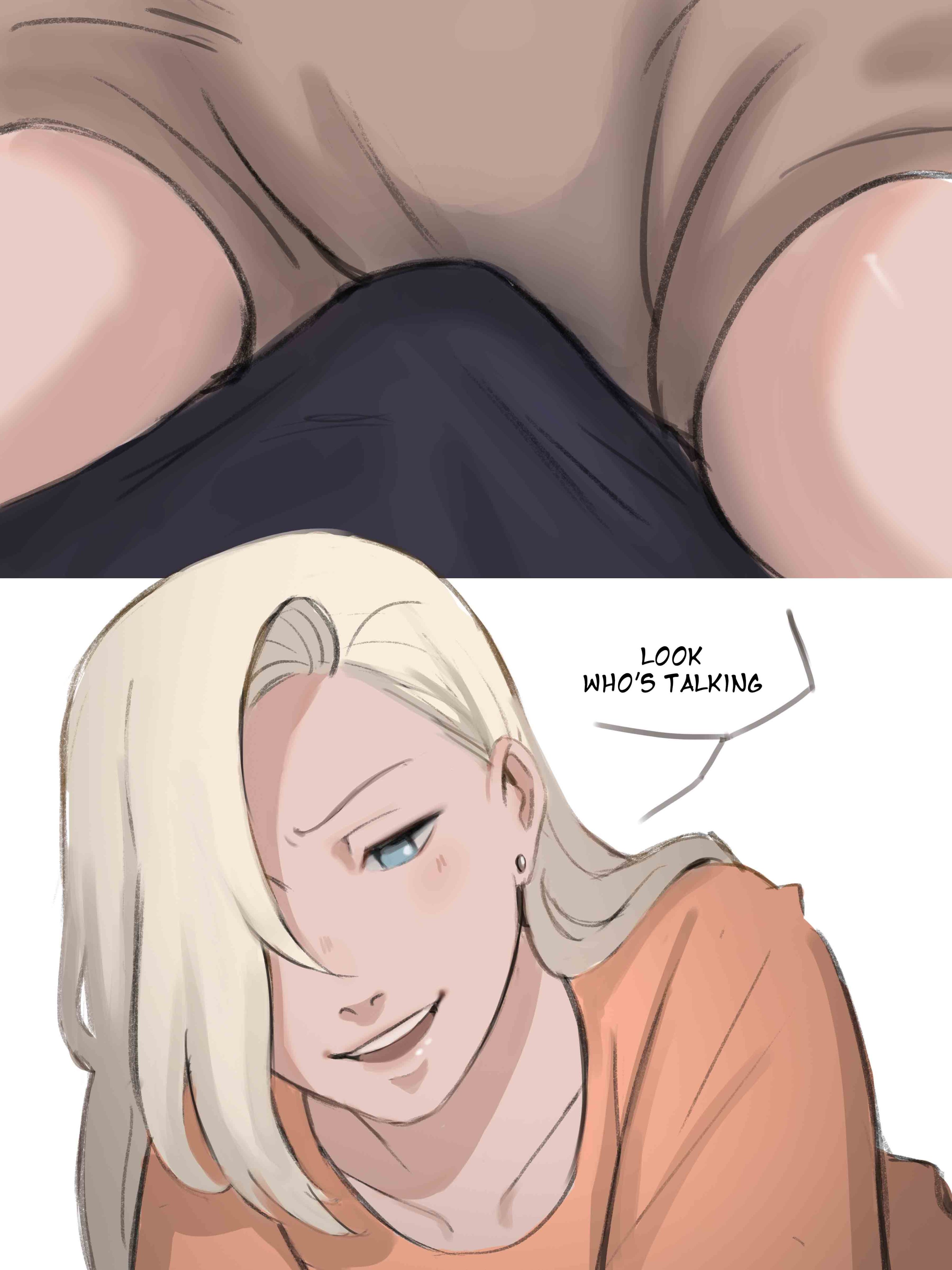 1boy, 1girls, bare thighs, blonde hair, blue eyes, bulge, canon couple, clothed, clothed sex, clothing, comic, couple, cowgirl position, dialogue, ear piercing, earrings, english text, erection, erection under clothes, female, female on top, fully clothed, grinding, grinding on penis, grinding through clothes, hair over one eye, hi res, high resolution, highres, husband and wife, ino yamanaka, jewelry, lips, lipstick, looking at viewer, makeup, male, male pov, married couple, minishorts, monday mint, naruto, naruto (series), naruto shippuden, naruto: the last, open mouth, penis, pink lips, pink lipstick, pov, pov eye contact, sai, short shorts, shorts, shounen jump, sitting, sitting on lap, sitting on penis, sitting on person, smile, smiling, smiling at viewer, speech bubble, story, text, thighs