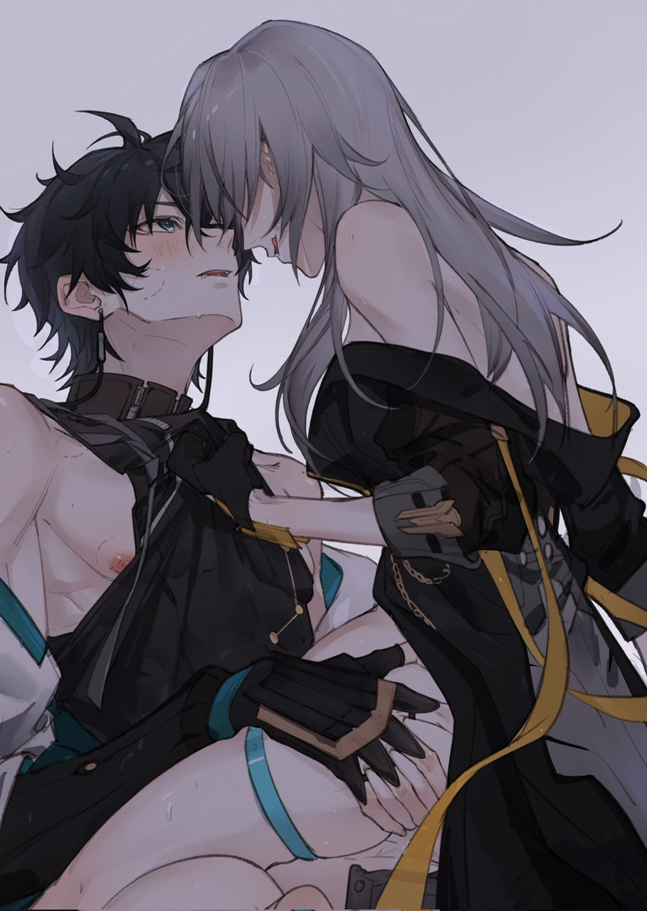 1boy1girl aoma_(xuanzexuexi) ass_grab black_hair dan_heng grey_hair honkai:_star_rail love_bite lust male_nipples stelle_(honkai:_star_rail) straight teasing