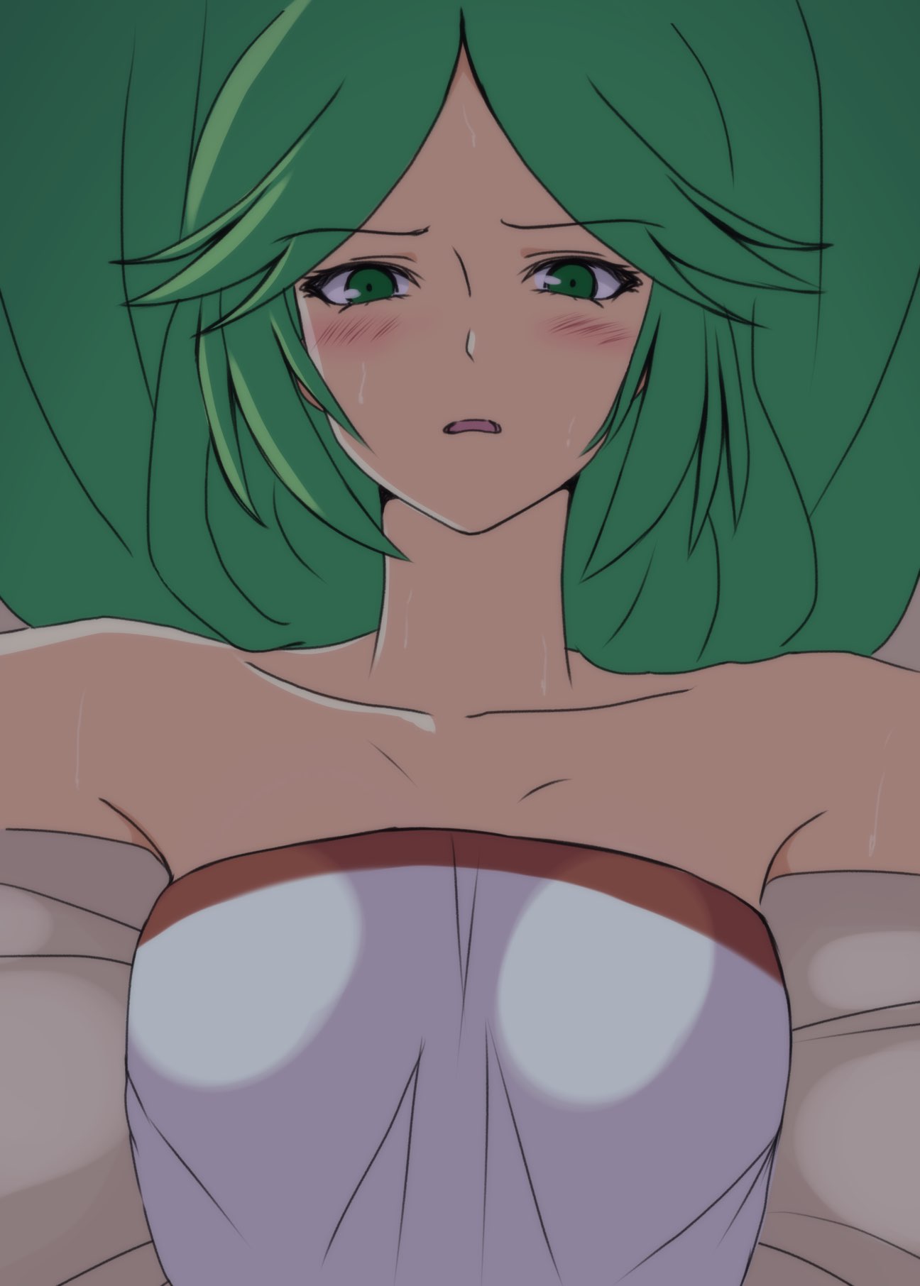 1girls bare_shoulders blush boobs_covered clothed green_eyes kid_icarus lelie_link long_hair looking_at_viewer lying neck nintendo on_bed palutena sweat upper_body