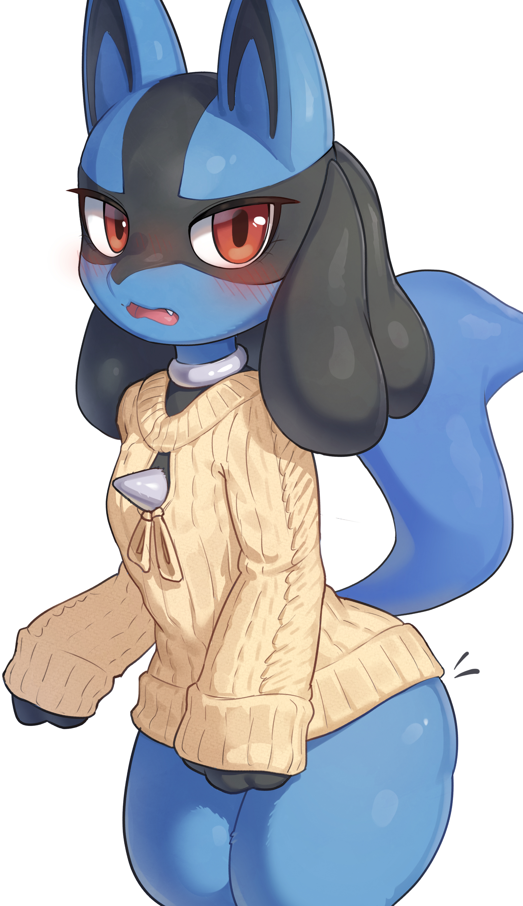 absurd res, anthro, blush, blush lines, clothing, cute, cute face, female, female only, generation 4 pokemon, healingpit, hi res, lucario, nintendo, pokemon, pokemon (species), simple background, solo, solo female, sweater, topwear, white background