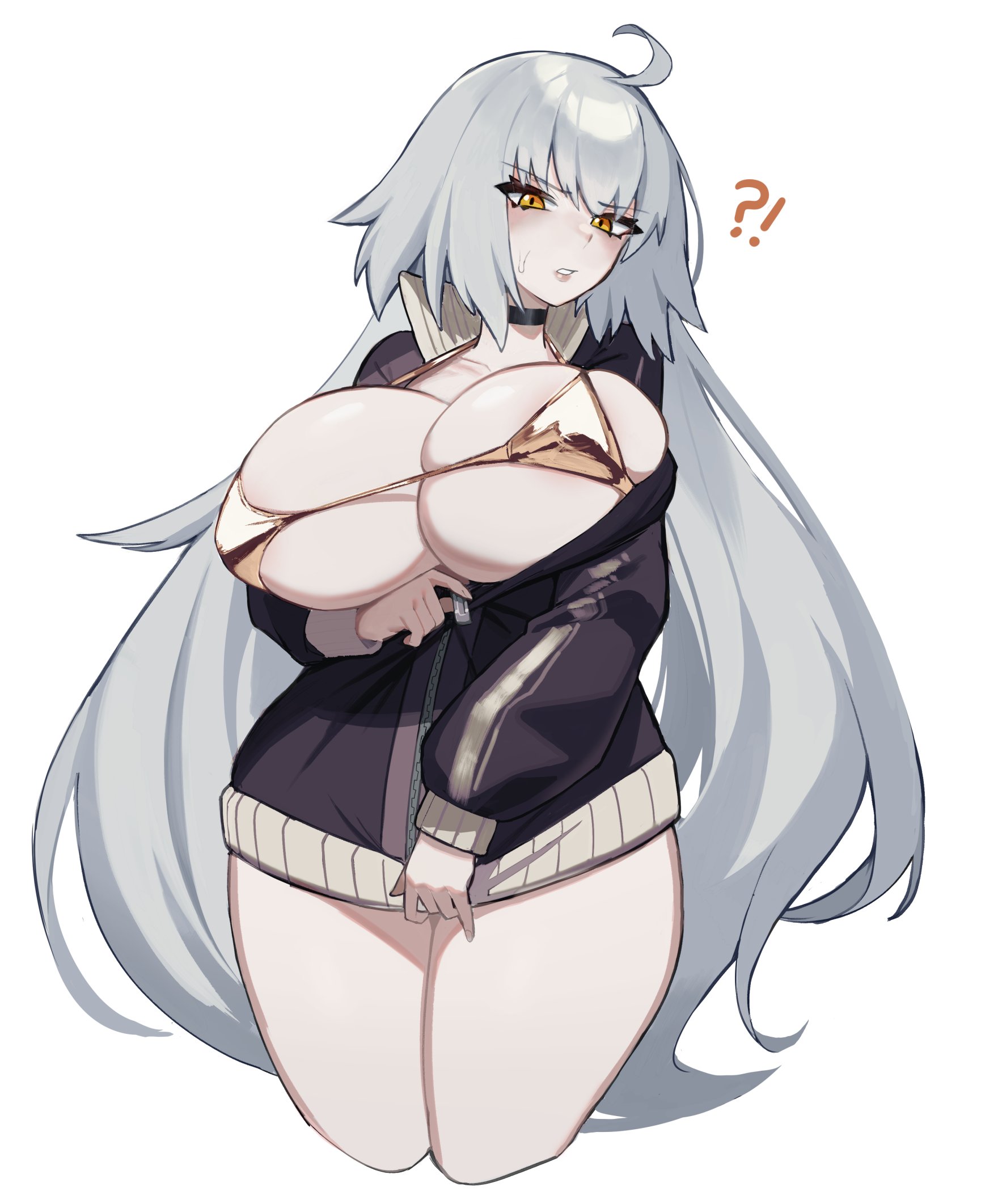 1girls, ahoge, bikini top, blush, breasts, fate (series), fate/grand order, female, gold bikini, hips, huge breasts, jacket, jeanne alter, kneeling, light skin, light-skinned female, long hair, pale skin, pale-skinned female, psidubs, simple background, thick thighs, thighs, unzipped jacket, white hair, wide hips, yellow eyes