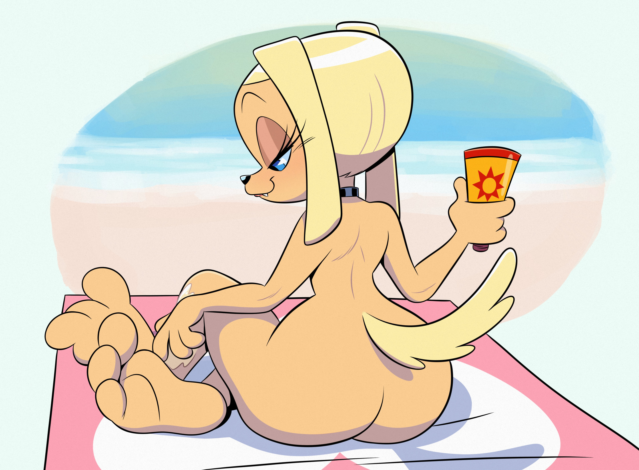 1girls, 2023, 2d, anthro, applying sunscreen, ass, beach, beach towel, big ass, big breasts, blonde hair, blue eyes, brandy and mr. whiskers, brandy harrington, breasts, canid, canine, canis, choker, cute fangs, deepcreases, digital drawing (artwork), digital media (artwork), disney, domestic dog, eyelashes, feet, female, flat chest, flat chested, full color, fur, hair, hi res, jewelry, mammal, necklace, no penetration, no sex, nude, pear shaped, pear shaped female, pear-shaped figure, seaside, sideboob, sitting, solo, solo female, sunscreen, tagme, tail, tan body, tan fur, towel, wide hips