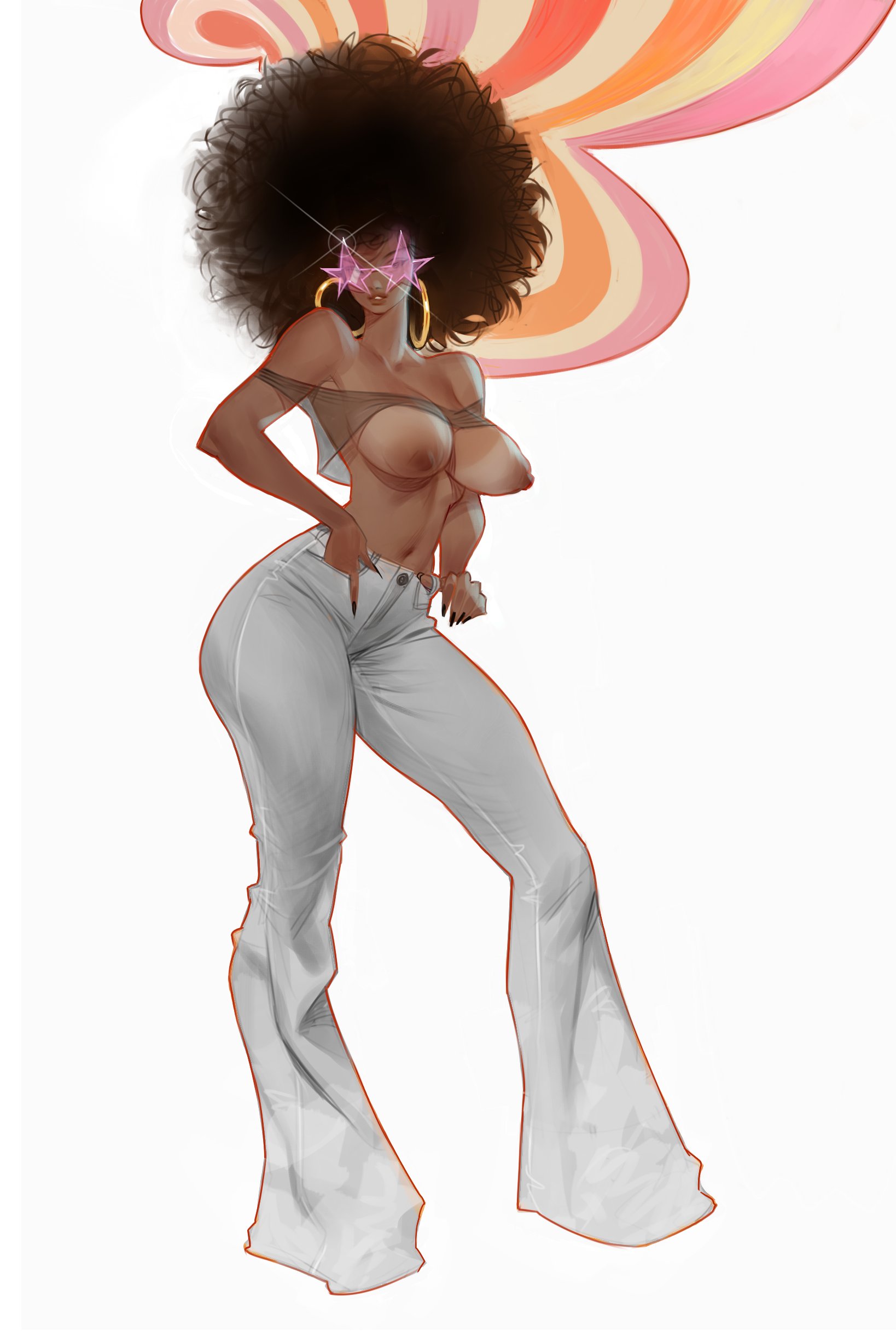 1girls, afro, breasts, brown nipples, dark skin, dark-skinned female, earrings, female, glasses, inputwo, pants, shirt, shirt lift, transparent clothing