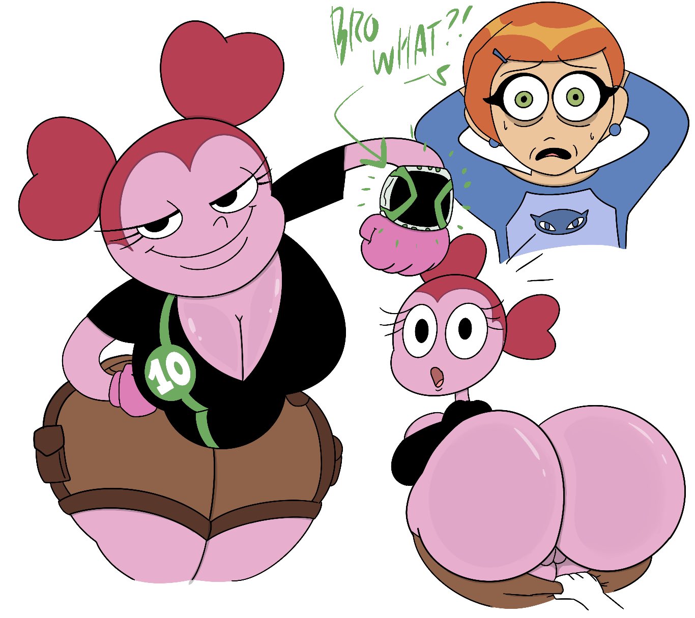 2girls, ass, ben 10, ben 10 (classic), ben 10 omniverse, big ass, big breasts, big butt, breasts, bubble ass, bubble butt, cleavage, crossover, dialogue, earrings, eyebrows, eyelashes, fat ass, female, female only, green eyes, gwen tennyson, gwen tennyson (classic), large ass, large breasts, light skin, light-skinned female, multiple females, multiple girls, omnitrix, orange hair, pink body, pink hair, pink skin, pulling down pants, sideboob, spinel (steven universe), steven universe, text, theslashfive, thick ass, white background, wide hips