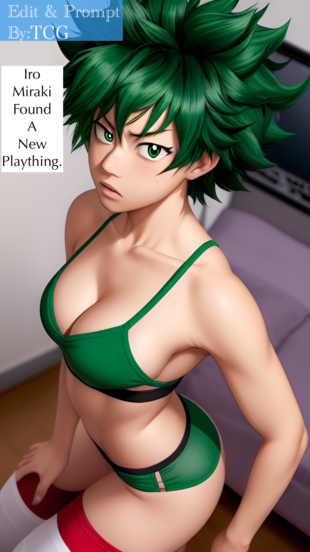 1girls, ai generated, angry face, athletic, athletic female, bra, breasts, cleavage, female, female deku, female only, genderswap, genderswap (mtf), green bra, green eyes, green hair, izuku midoriya, midoriya izuku, miniskirt, my hero academia, rule 63, short hair, solo, solo female, sports shorts, sporty, thechronicgamer, thighhighs, tomboy, white skin