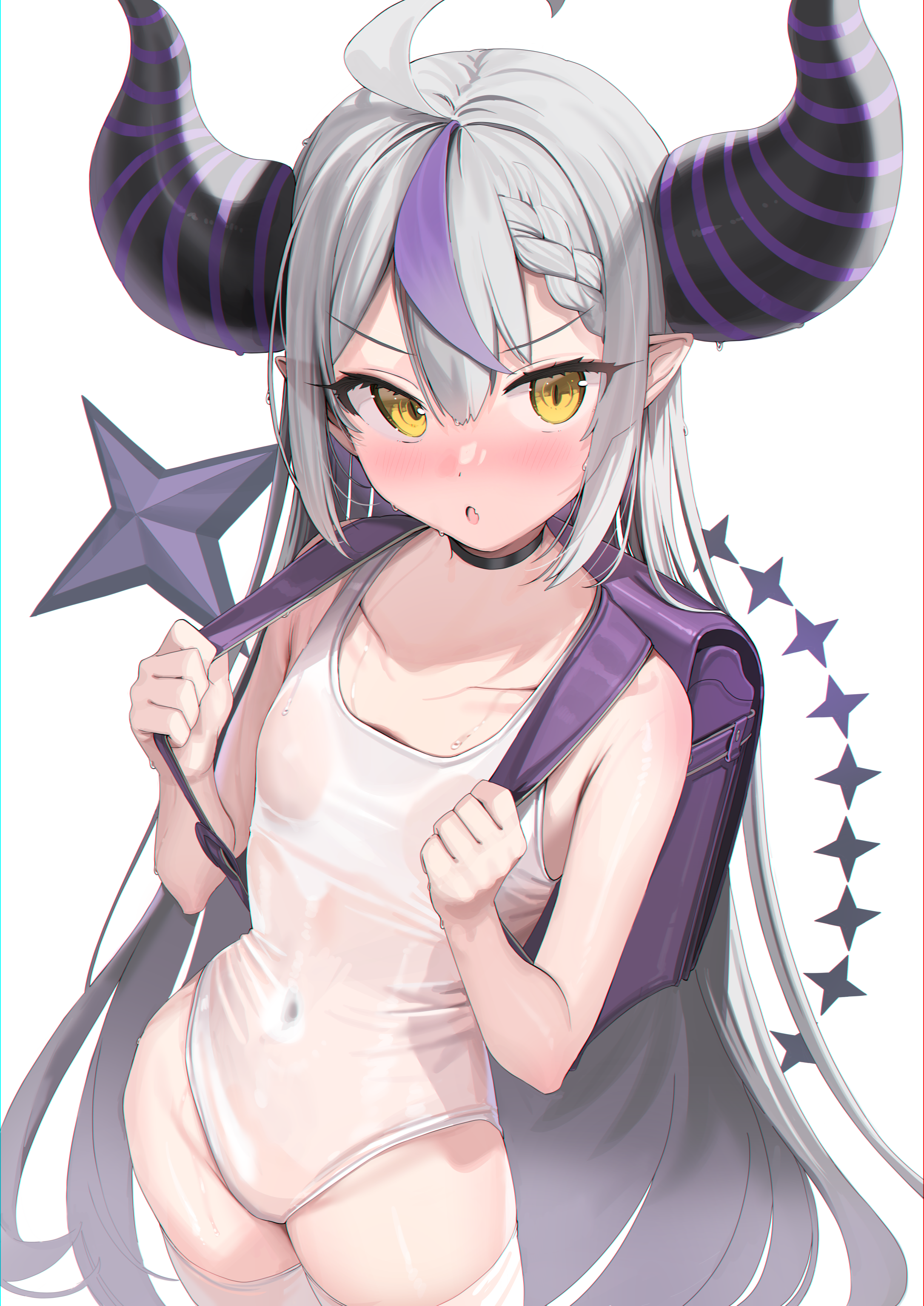 :o, ahoge, backpack, bag, bangs, bare shoulders, black choker, black horns, blush, braid, braided bangs, breasts, choker, clavicle, clothing, covered navel, cowboy shot, embarrassed, eyelashes, female, grey hair, groin, hair between eyes, hands up, high resolution, hololive, hololive japan, holox, horns, kanzarin, la+ darknesss, legwear, long hair, looking at viewer, multicolored hair, nose blush, one-piece swimsuit, open mouth, pointy ears, purple hair, sidelocks, simple background, single braid, small breasts, solo, standing, streaked hair, striped horns, swimsuit, thighhighs, thighs, tied hair, v-shaped eyebrows, very high resolution, very long hair, virtual youtuber, wet, wet clothes, wet swimsuit, white background, white legwear, white one-piece swimsuit, white swimsuit, white thighhighs, yellow eyes