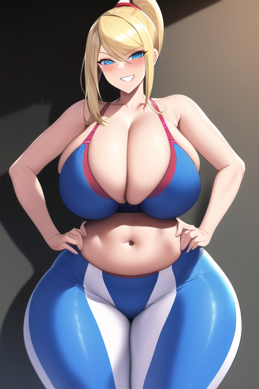 ai_generated blonde_hair blue_bra blue_eyes blue_leggings curvaceous curvy curvy_figure gigantic_breasts huge_breasts huge_hips leggings looking_at_viewer metroid nai_diffusion ponytail samus_aran seductive_smile shiny_clothes shiny_hair shiny_skin stable_diffusion thick_thighs thunder_thighs voluptuous wide_hips