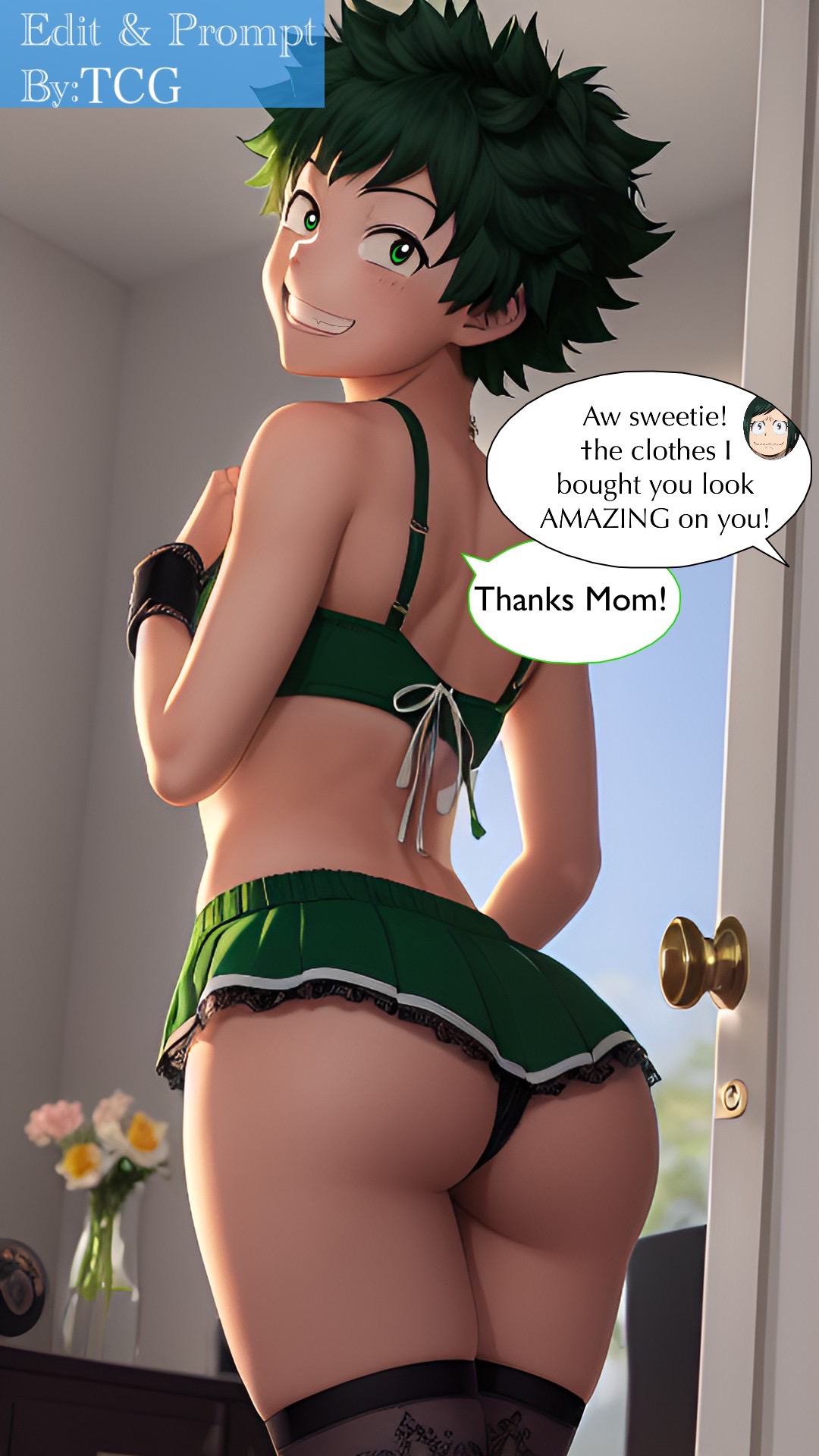 ai generated, camisole, deku, femboy, green eyes, green hair, izuku midoriya, male, male only, midoriya izuku, miniskirt, my hero academia, thechronicgamer, thighhighs, white skin