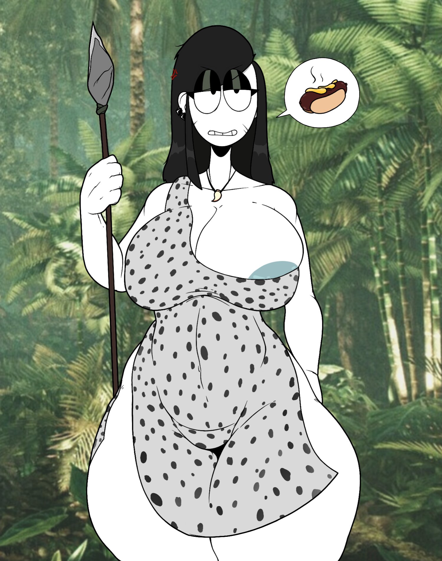 1girls, 2023, areola slip, areolae, ass, big breasts, black hair, bottomless, breasts, cavewoman, cock hungry, digital media (artwork), female, female only, goth, goth girl, holding object, horny, horny female, huge breasts, jungle, large ass, leopard print, male, necklace, penis, piercing, solo, spear, theimmortalguy, thick thighs, veronica (saltynoodles), wanting sex, white skin, wide hips