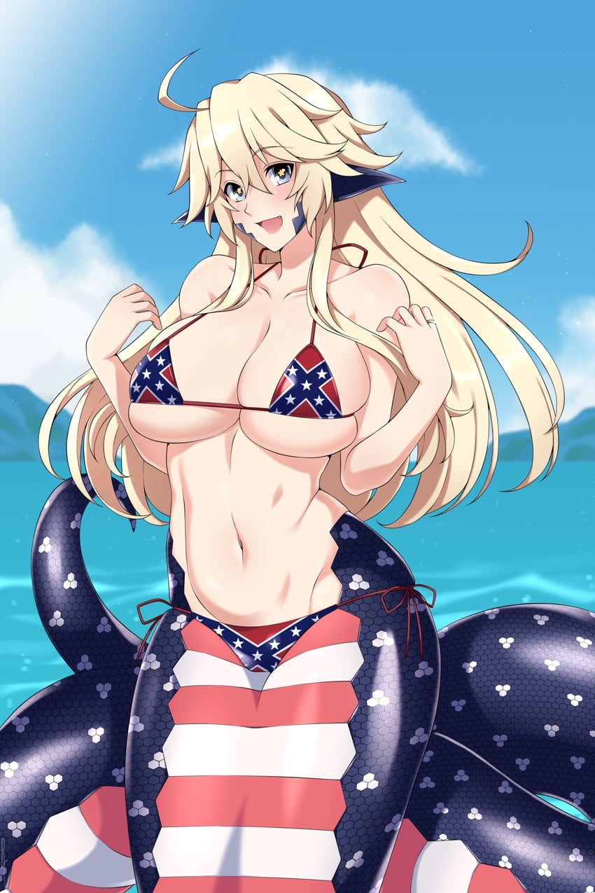 absurdres ahoge alternate_body_size archived_source beach bikini blonde_hair blue_eyes blush breasts cleavage commission confederate_flag confederate_flag_bikini day female flag_print hair_between_eyes highres iowa_(kantai_collection) jewelry kantai_collection lamia large_breasts lindaroze long_hair looking_at_viewer monster_girl monster_musume_no_iru_nichijou monsterification naga navel ocean open_mouth outdoors outside ring scales sky smile solo standing star-shaped_pupils star_(symbol) striped swimsuit symbol-shaped_pupils third-party_source water wedding_band