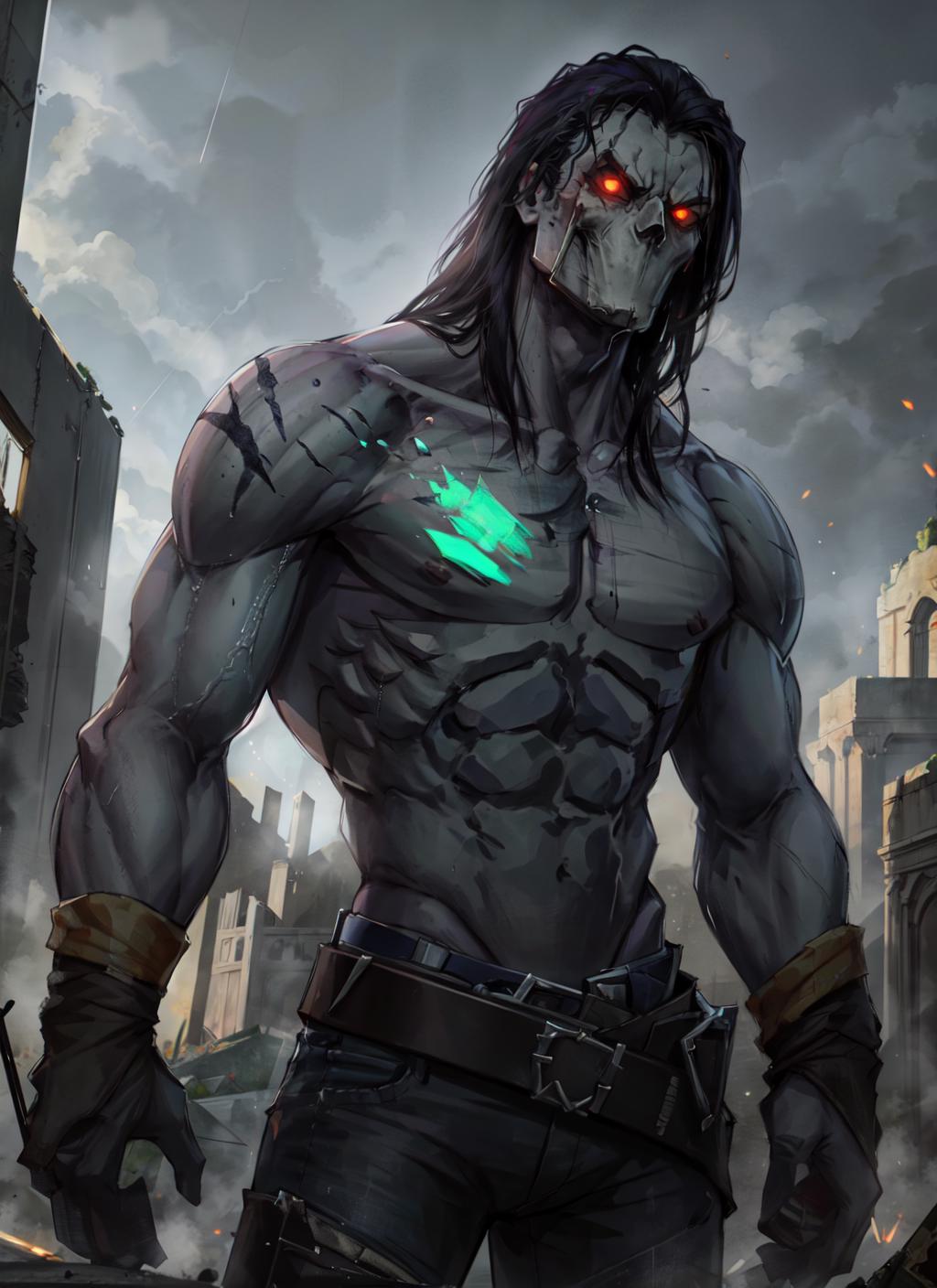 1boy abs ai_generated bare_arms bare_chest bare_shoulders biceps black_hair darksiders darksiders_2 death_(darksiders) detailed_background dick_root facing_viewer front_view glowing_eyes grey_body grey_skin half_naked humanoid long_hair looking_at_viewer male male_only marking markings mask masked masked_male messy_hair muscle muscles muscular muscular_male no_humans not_porn orange_eyes pecs pectorals shirtless shirtless_(male) six_pack skull_mask sole_male solo solo_focus solo_male tagme tagme_(artist) tattoo tattoos