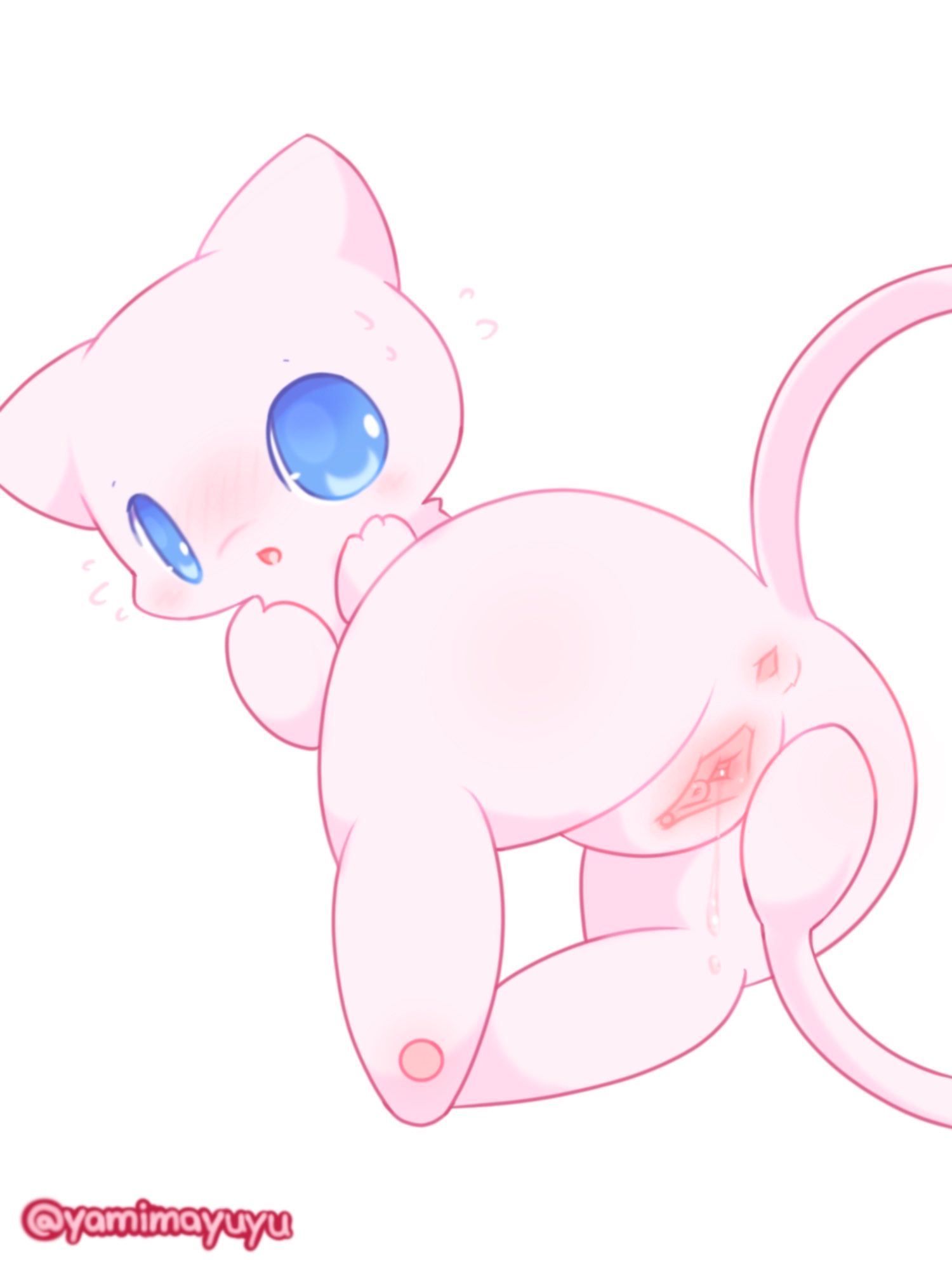 anus blue_eyes blush bodily_fluids digital_drawing_(artwork) digital_media_(artwork) female feral generation_1_pokemon genital_fluids genitals hi_res legendary_pokemon long_tail mew mew_(pokemon) nakimayo nintendo paws pink_body pokemon pokemon_(species) pussy pussy_juice solo solo_focus sweat tail white_body