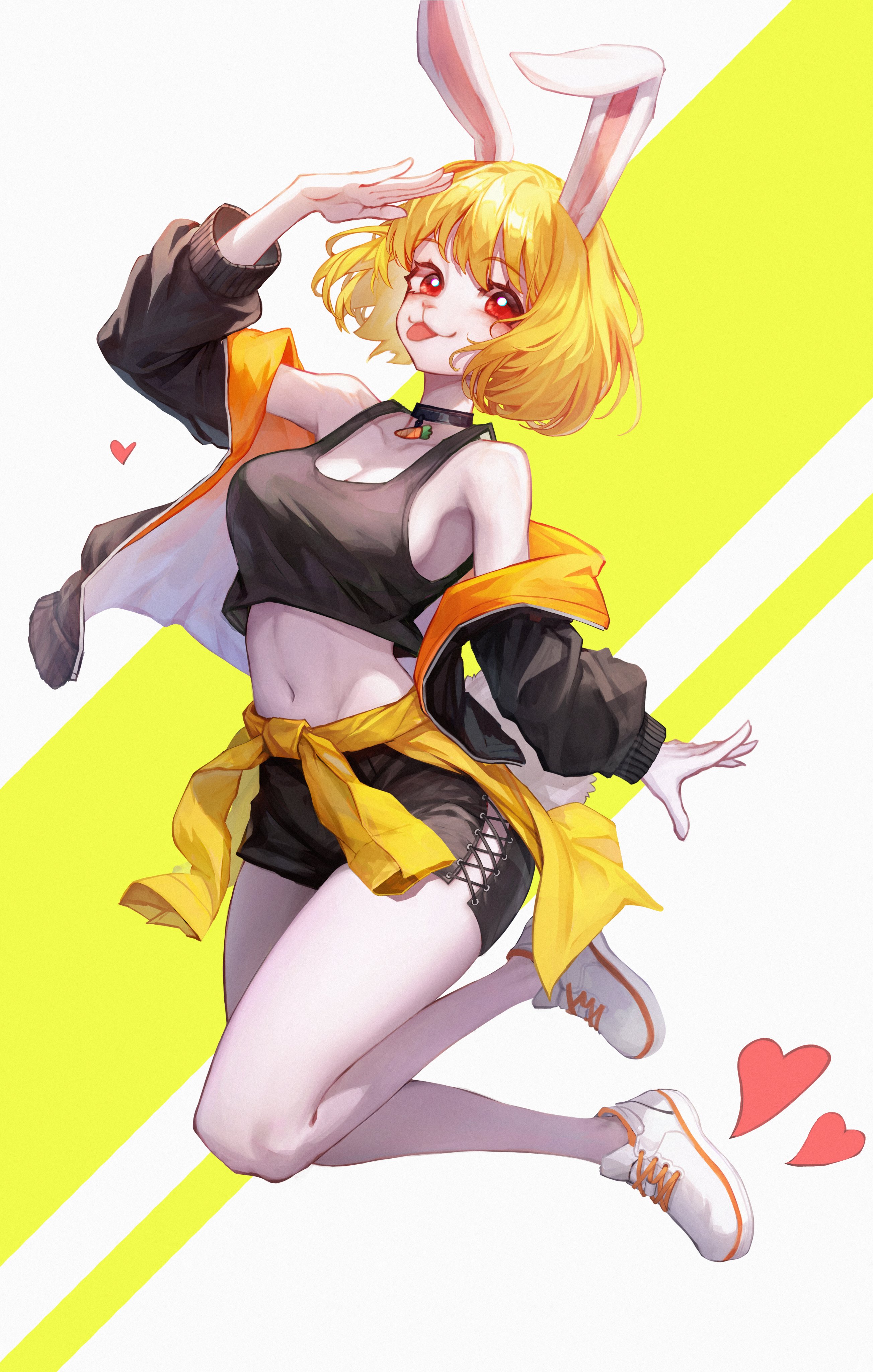 athletic, athletic female, breasts, bunny ears, bunny girl, carrot (one piece), choker, collar, female, female only, gilmang, hotpants, medium breasts, no humans, one piece, rabbit, rabbit ears, red eyes, thighs, white fur, white skin