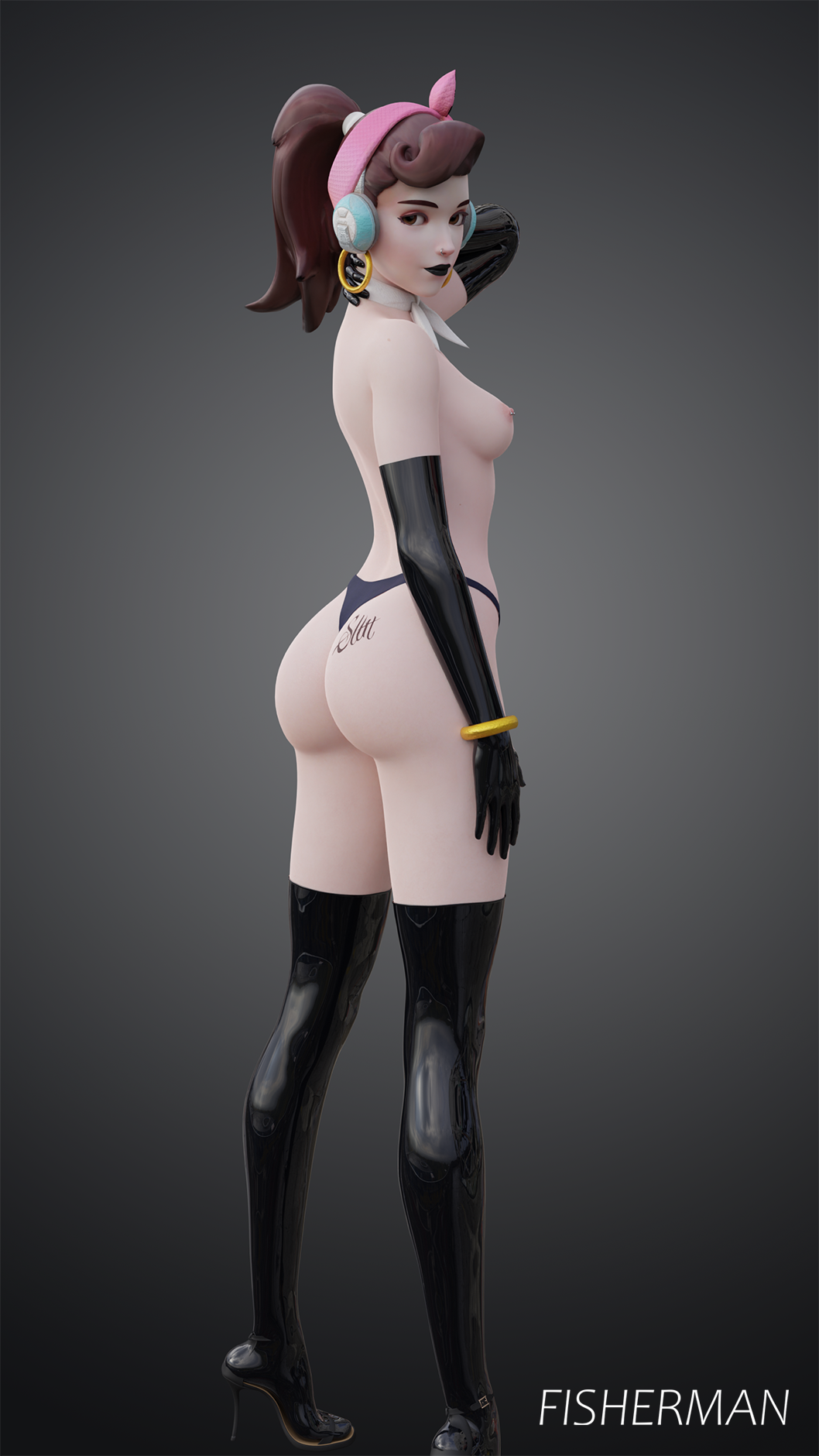 3d big_ass big_breasts big_butt black_heels black_lipstick black_thong blender blizzard_entertainment brown_eyes brown_hair cruiser_d.va d.va earrings fisherman hana_song heels korean korean_female latex latex_gloves latex_stockings light-skinned_female light_skin lipstick overwatch ponytail tattoo thong watermark