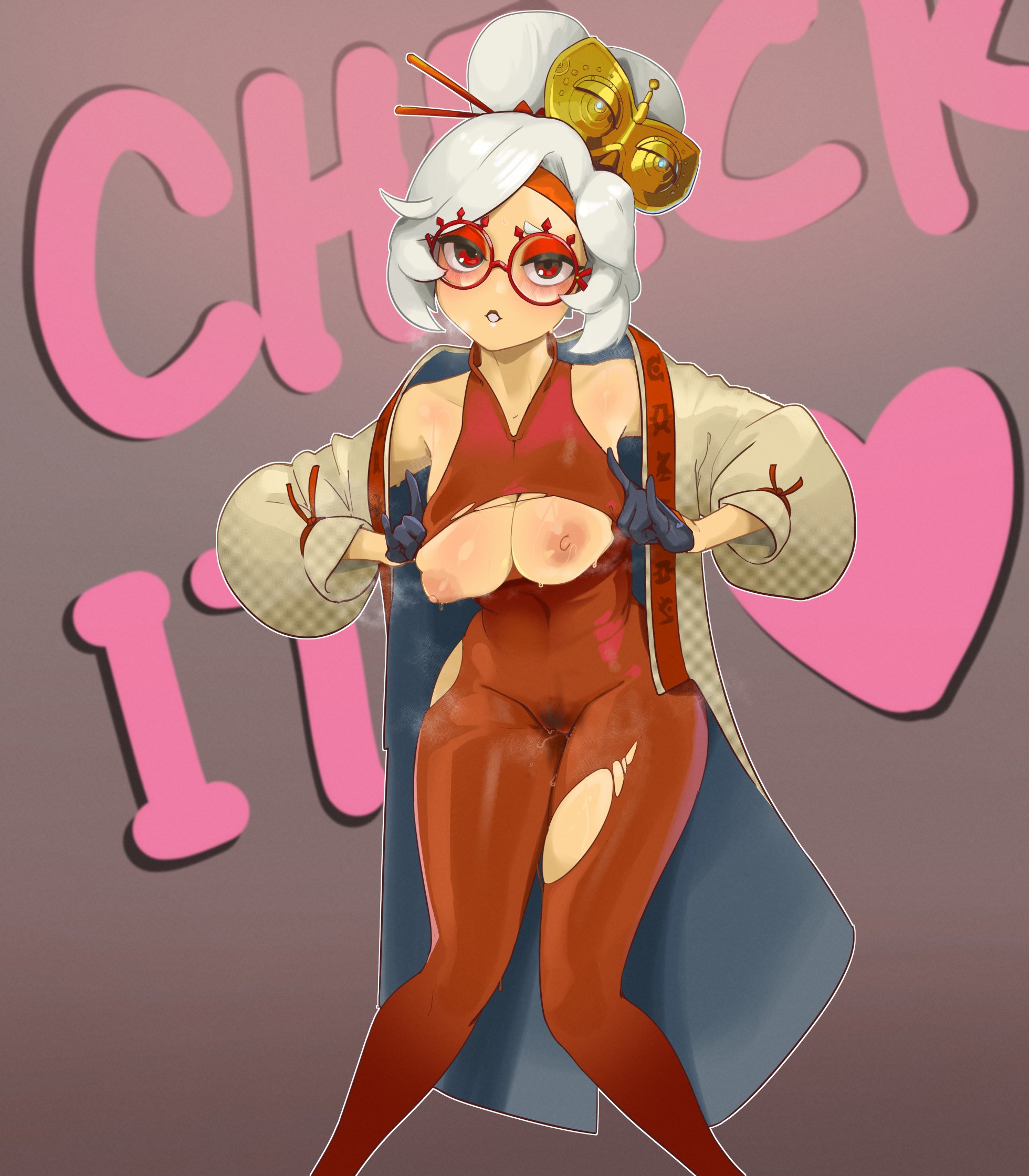 1girls, blush, breasts, female, glasses, gloves, hair ornament, looking at viewer, mdthetest, nipples, open mouth, partially clothed, presenting, purah, purah (tears of the kingdom), pussy, red eyes, solo, standing, sweat, tears of the kingdom, text, the legend of zelda, torn clothes, white hair