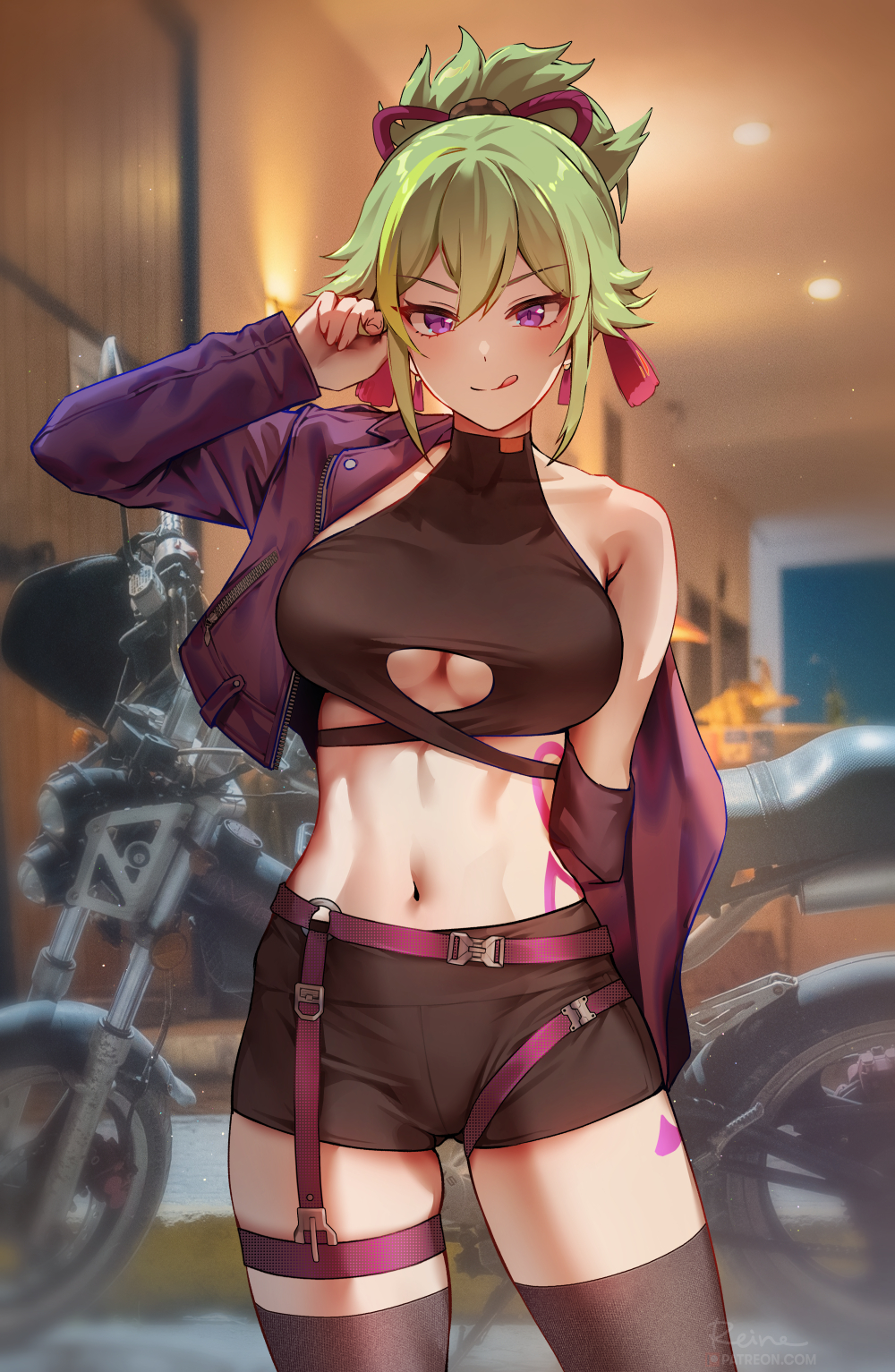 1girls alternate_costume arm_up bare_shoulders belt black_thighhighs breasts casual clothing_cutout crop_top cropped_jacket female foxy_rain_(foxyreine) foxyrain_(foxyreine) foxyreine genshin_impact green_hair indoors jacket kuki_shinobu large_breasts legwear midriff motorcycle no_mask o-ring off_shoulder open_clothes open_jacket ponytail purple_eyes shorts solo stomach tassel thigh_strap thighhighs toned toned_female tongue tongue_out underboob