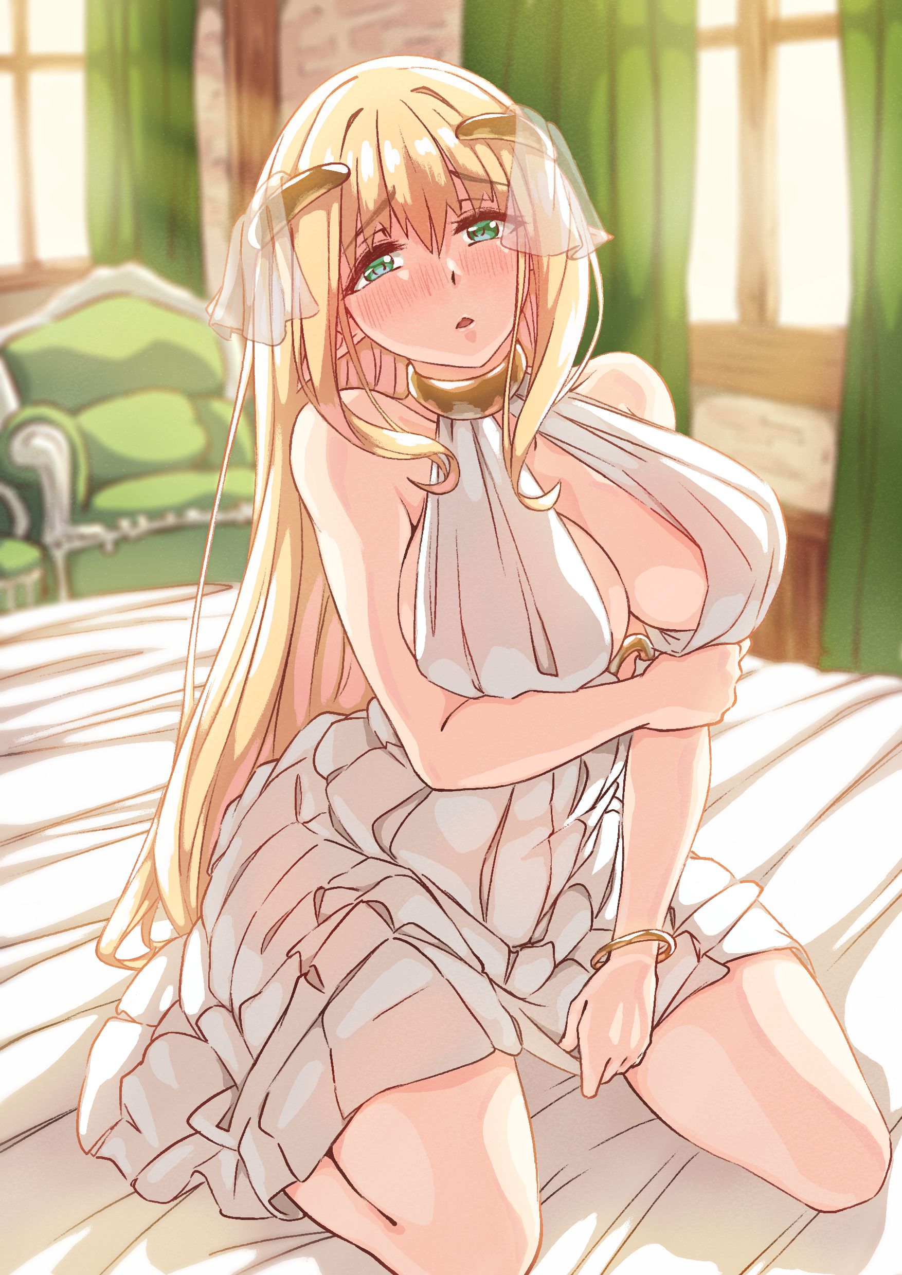 aibanwork, big breasts, blonde hair, blush, bracelet, breasts, cleavage, clothed, elf, elf ears, elf female, elf girl, female, light skin, light-skinned female, long hair, neckwear