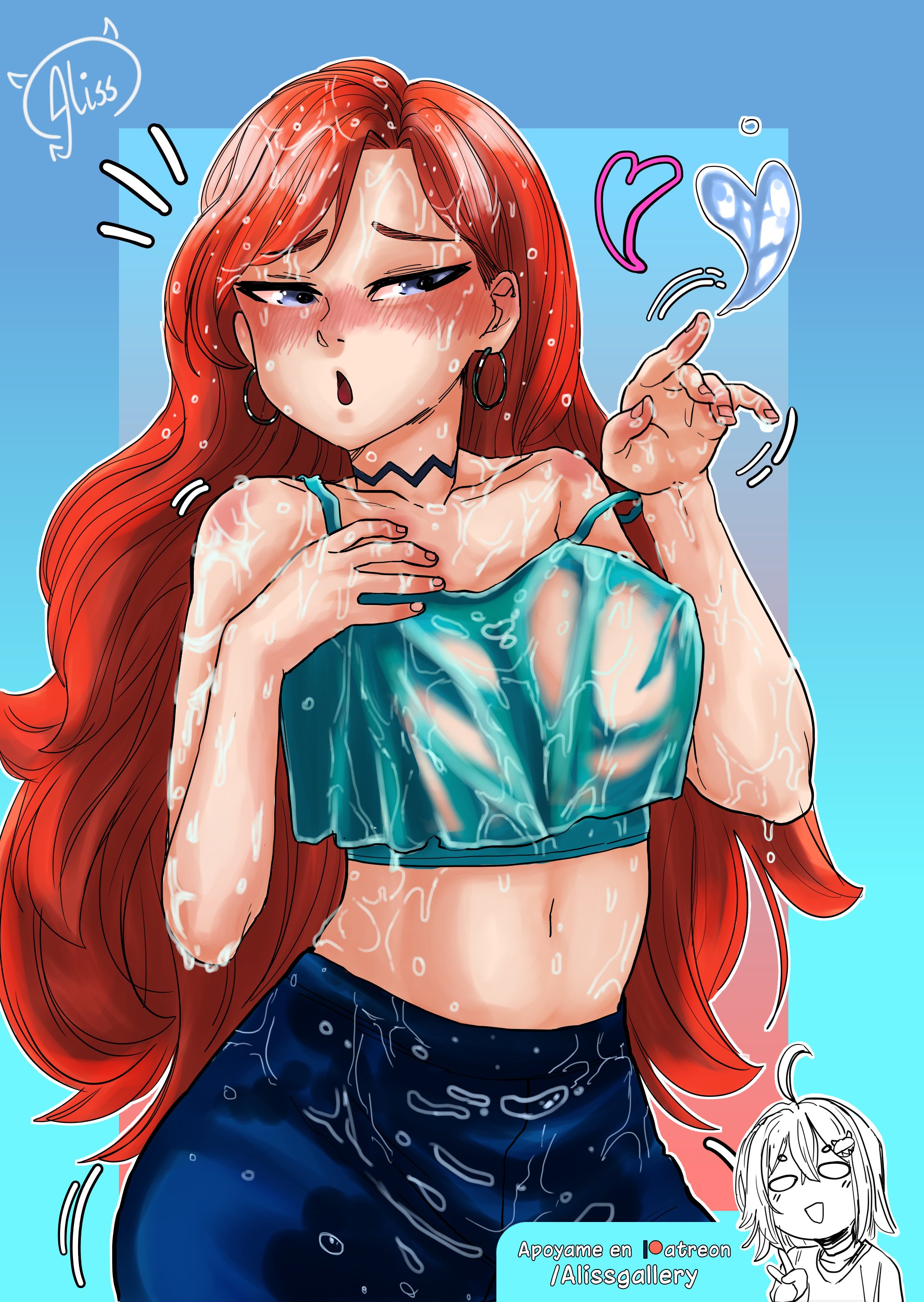 blue eyes, blush, breasts, chelsea (ruby gillman), female, heart, human form, jpeg, large breasts, merfolk, mermaid, red hair, redhead, ruby gillman, teenage kraken, tagme (artist), water, wet