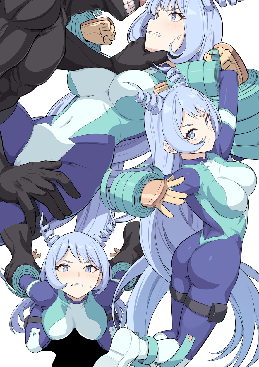 1boy, 1girls, 1monster, adult and teenager, arms behind back, arms up, asian, asian female, ass, back, back view, bad end, beaten, bent over, big breasts, blue eyes, blue hair, blue-haired female, blush, bodysuit, boots, boy on top, breasts, captured, captured heroine, captured superheroine, choking, cleavage, clenched teeth, covered navel, defeat, defeated, defeated heroine, defeated superheroine, drill hair, female, female human, femsub, fit, fit female, full body, gloves, grabbing from behind, hadou nejire, hadou nejire (hero outfit), hand on neck, hand on thigh, hero outfit (mha), human, imminent rape, interspecies, large breasts, larger male, leg grab, light skin, light-skinned female, looking back, lying, male, maledom, mature male, monster, monster rape, multiple views, muscular, muscular male, my hero academia, neck grab, nejire hado, nejire hado (hero outfit), nomu, older male, older male and younger female, older penetrating younger, on back, pinned down, prison guard position, protagonistsub antagonistdom, rape, restrained, shiseki hirame, slim waist, smaller female, straight, superhero costume, superheroine, sweat, teenage female, teenager, thick thighs, thigh grab, thigh strap, tight clothing, underboob, villain on hero, younger female