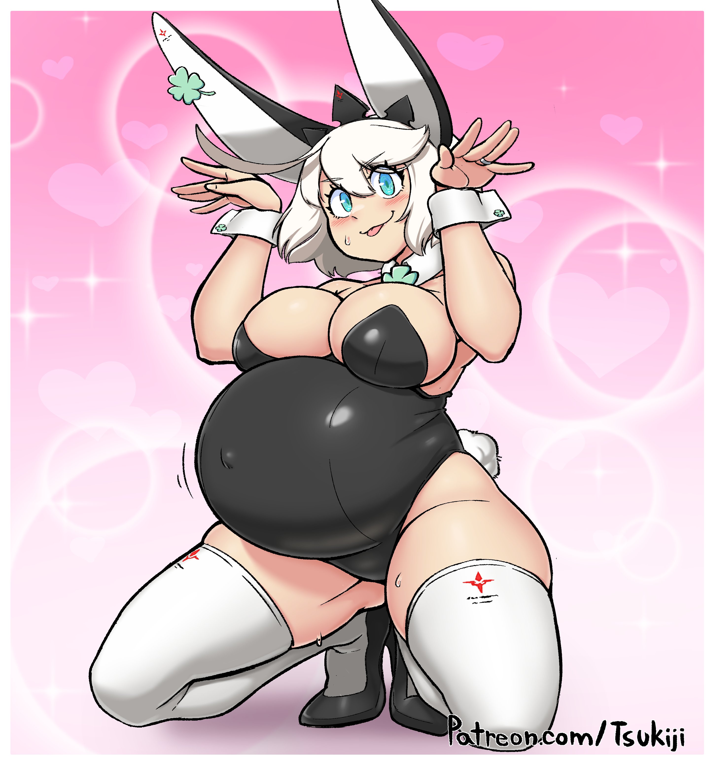 1girls, alternate version at source, arc system works, blue eyes, breasts, bunny ears, bunnysuit, cleavage, elphelt valentine, female, female only, guilty gear, guilty gear xrd, heart background, pregnant, ready to pop, smile, stockings, tongue, tongue out, tsukiji, wedding ring, white hair