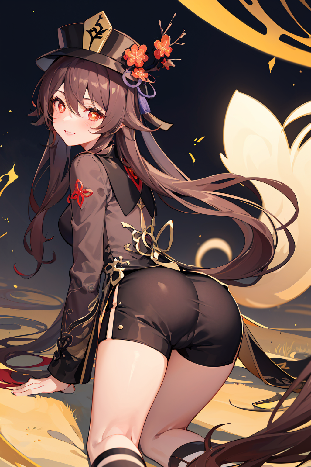 ai generated, all fours, ass, ass focus, black shorts, brown hair, chinese clothes, female, from behind, genshin impact, grin, hat, hat ornament, hu tao (genshin impact), kneeling, long hair, looking at viewer, red eyes, shiny, shiny clothes, shiny hair, shiny skin, short shorts, shorts, smile, solo, twintails, very long hair