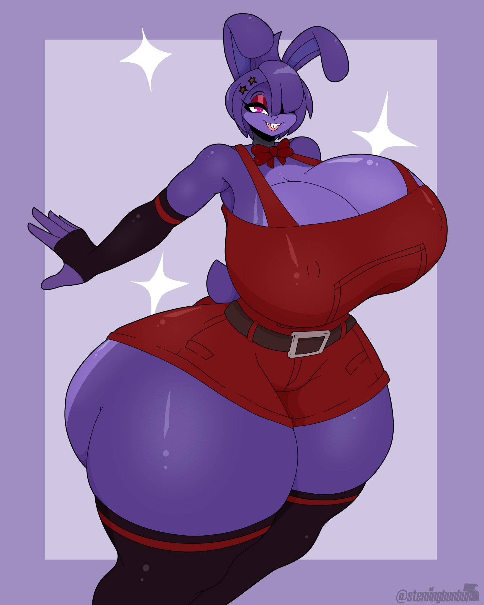 absurd res, anthro, areola, ass, big ass, big breasts, bonfie, bonfie (cryptia), bonnie (cally3d), bonnie (fnaf), bow tie, breasts, cally3d, clazzey, clothing, cryptiacurves, fazclaire's nightclub, female, female only, fingerless gloves, five nights at freddy's, fnaf, fredina's nightclub, genitals, gloves, hair, hair over eye, handwear, hi res, huge breasts, huge hips, huge thighs, lagomorph, legwear, leporid, looking at viewer, mammal, nipples, one eye obstructed, open mouth, purple areola, purple body, purple eyes, purple hair, purple nipples, pussy, rabbit, scottgames, solo, stemingbunbun, tagme, thick thighs, thigh highs, wide hips
