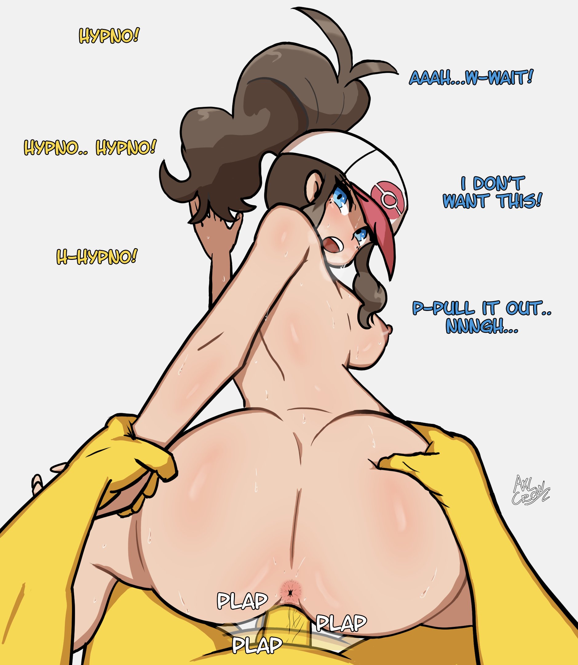 1boy, 1girls, anus, areolae, arm grab, ass, ass grab, axlcrow1, blue eyes, breasts, brown hair, cap, dialogue, english text, female, female focus, feral pov, from behind, from behind position, generation 1 pokemon, hi res, hilda (pokemon), human, hypno, interspecies, long hair, looking at viewer, looking back, looking back at viewer, male, male pov, nintendo, nipples, nude, nude female, penetration, penis, pleasure face, pokemon, pokemon (species), pokemon dppt, pokephilia, ponytail, pov, pov eye contact, prison guard position, pussy, rape, sideboob, simple background, steamy breath, vaginal penetration, white background, yellow skin