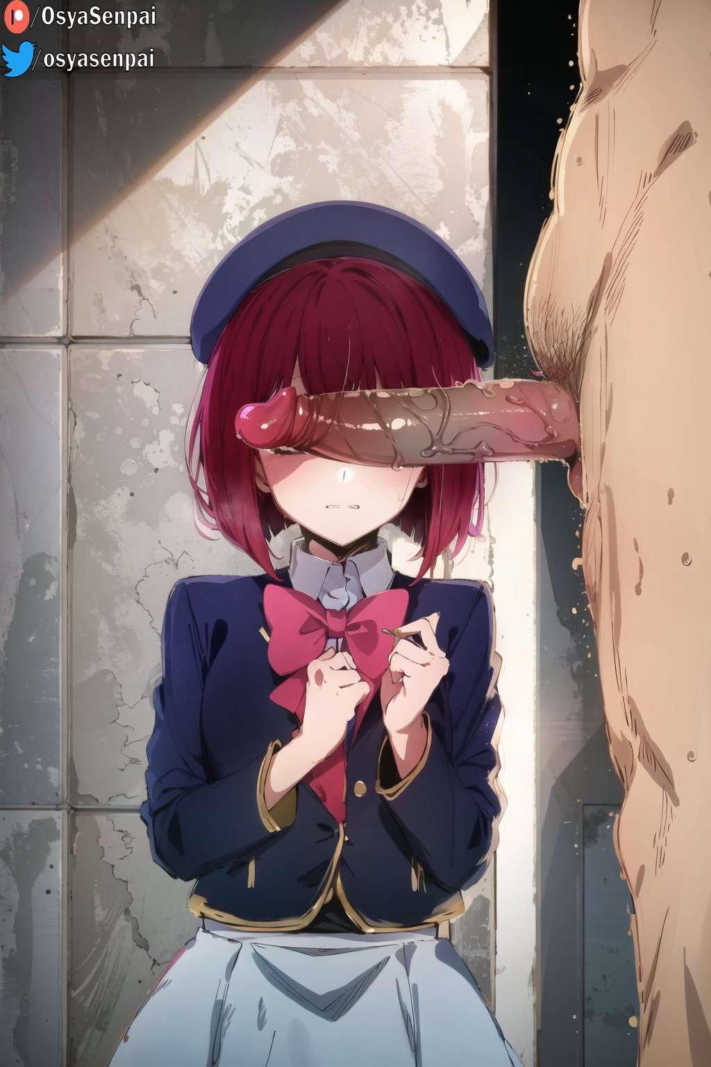1boy, 1girls, ai generated, arima kana, female, male, oshi no ko, osyasenpai, penis, penis on face, pink eyes, red hair, short hair, stable diffusion
