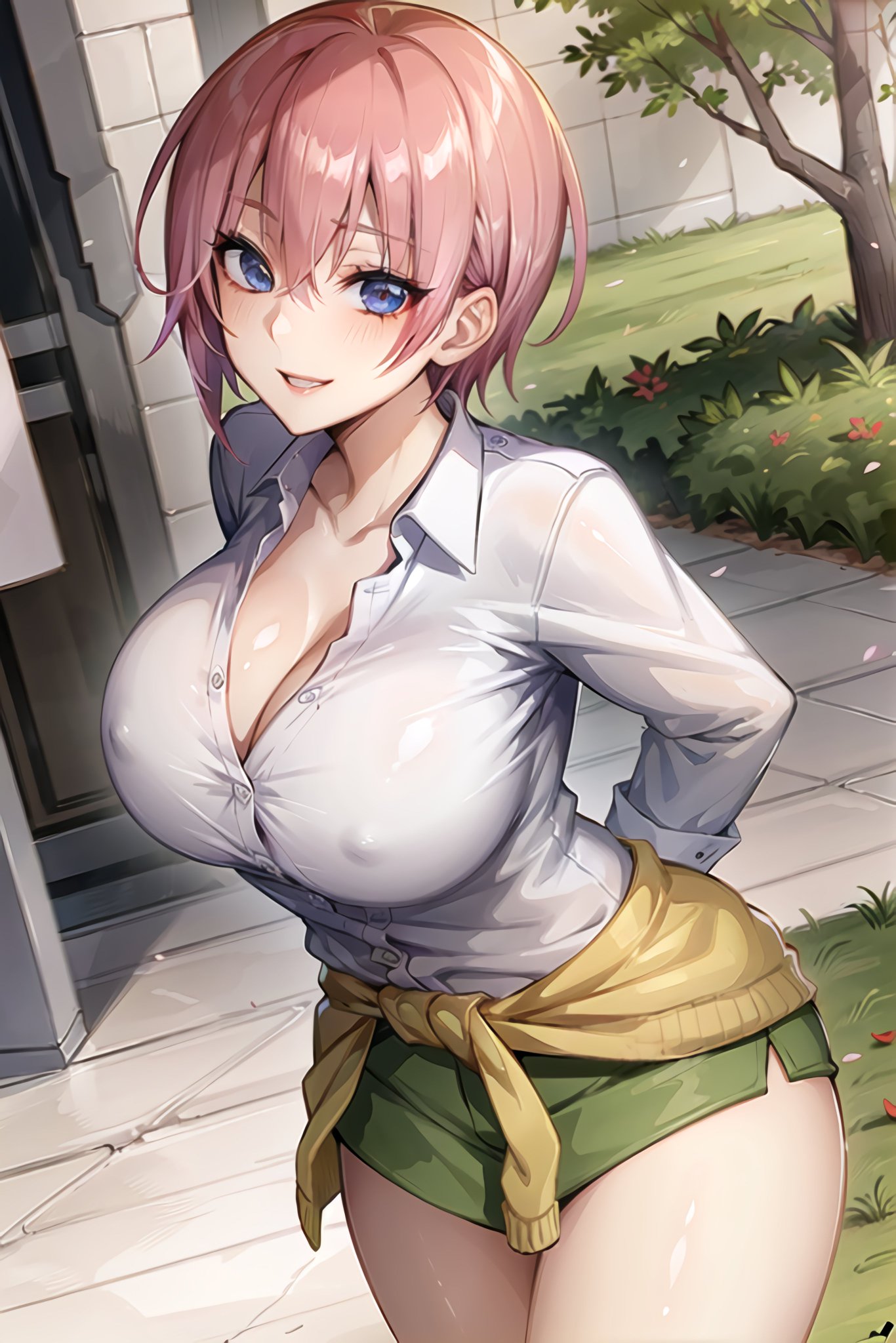1girls, ai generated, breasts, curvy body, curvy female, curvy figure, female, female only, go-toubun no hanayome, huge breasts, looking at viewer, nakano ichika, pink hair, short hair, stable diffusion, voluptuous female