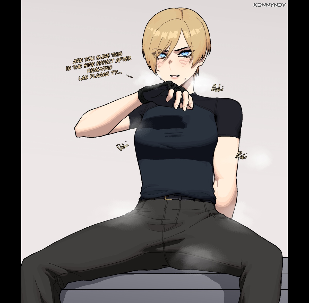 ?, 1girls, 2d, blonde hair, blush, breath, capcom, drugged, english text, female, female focus, female only, fingerless gloves, fit, fit female, genderswap, genderswap (mtf), gloves, heavy breathing, k3nnyn3v, leon scott kennedy, leona scarlett kennedy, muscles, muscular, muscular female, resident evil, resident evil 4, resident evil 4 remake, rule 63, short hair, speech, spread legs, steam, sweat, sweatdrop, sweating, tomboy, unaware, very short hair