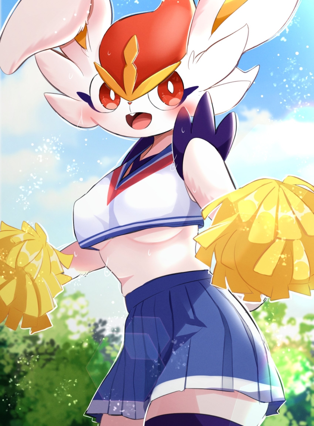 1girls, breasts, bunny ears, cheerleader, cheerleader outfit, cheerleader uniform, cinderace, female, female cinderace, female only, fur, furry, furry only, high resolution, nature, nature background, pokémon (species), pokemon, pokemon (species), prrrrrrmine, red eyes, smile, solo, thighhighs, underboob, white fur